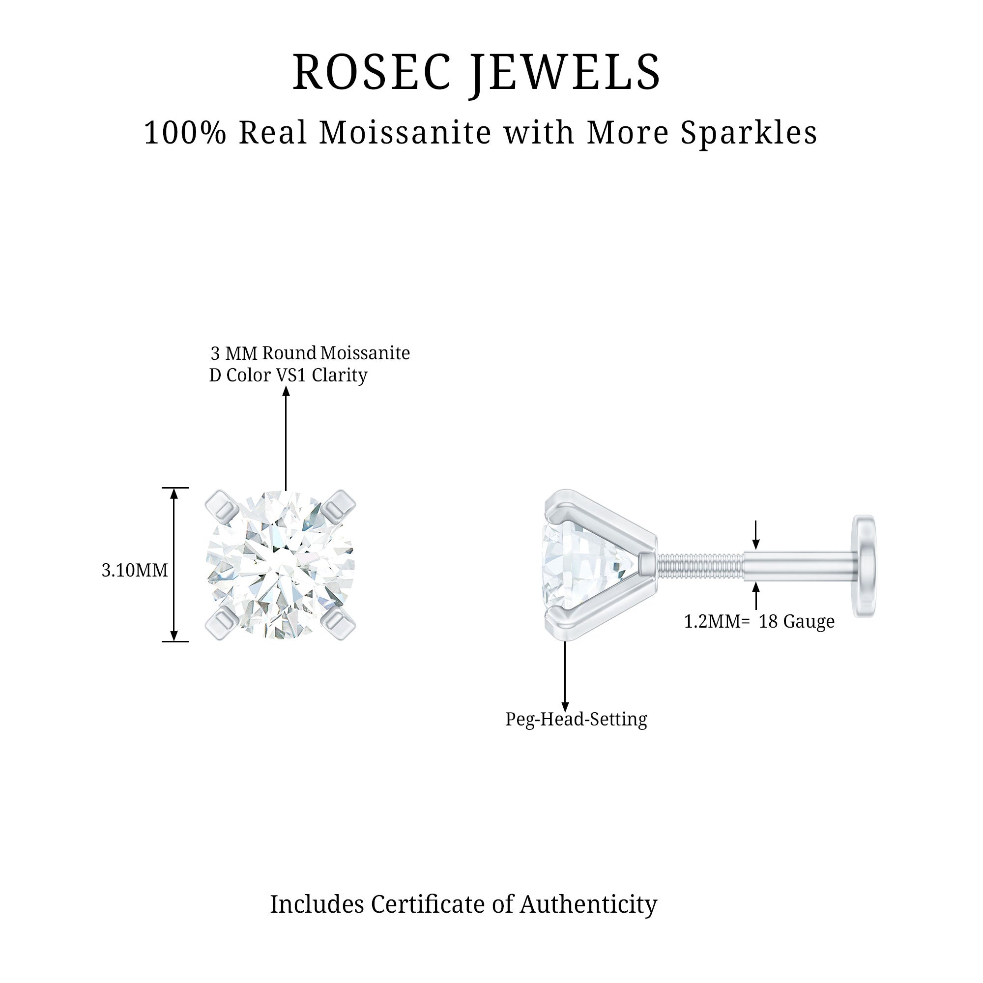 Round Shape Moissanite Solitaire Nose Pin