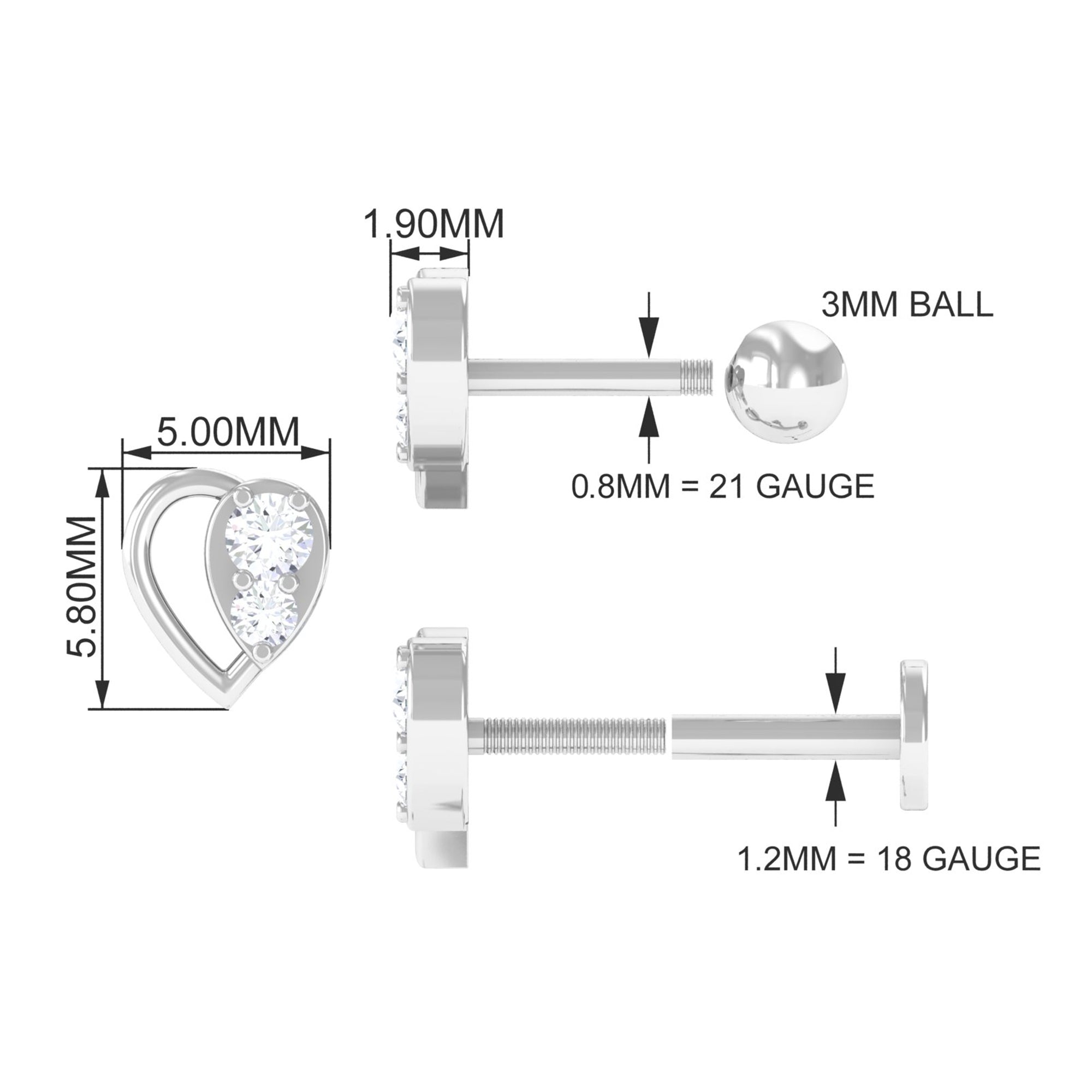 Diamond Heart Earring for Conch Piercing