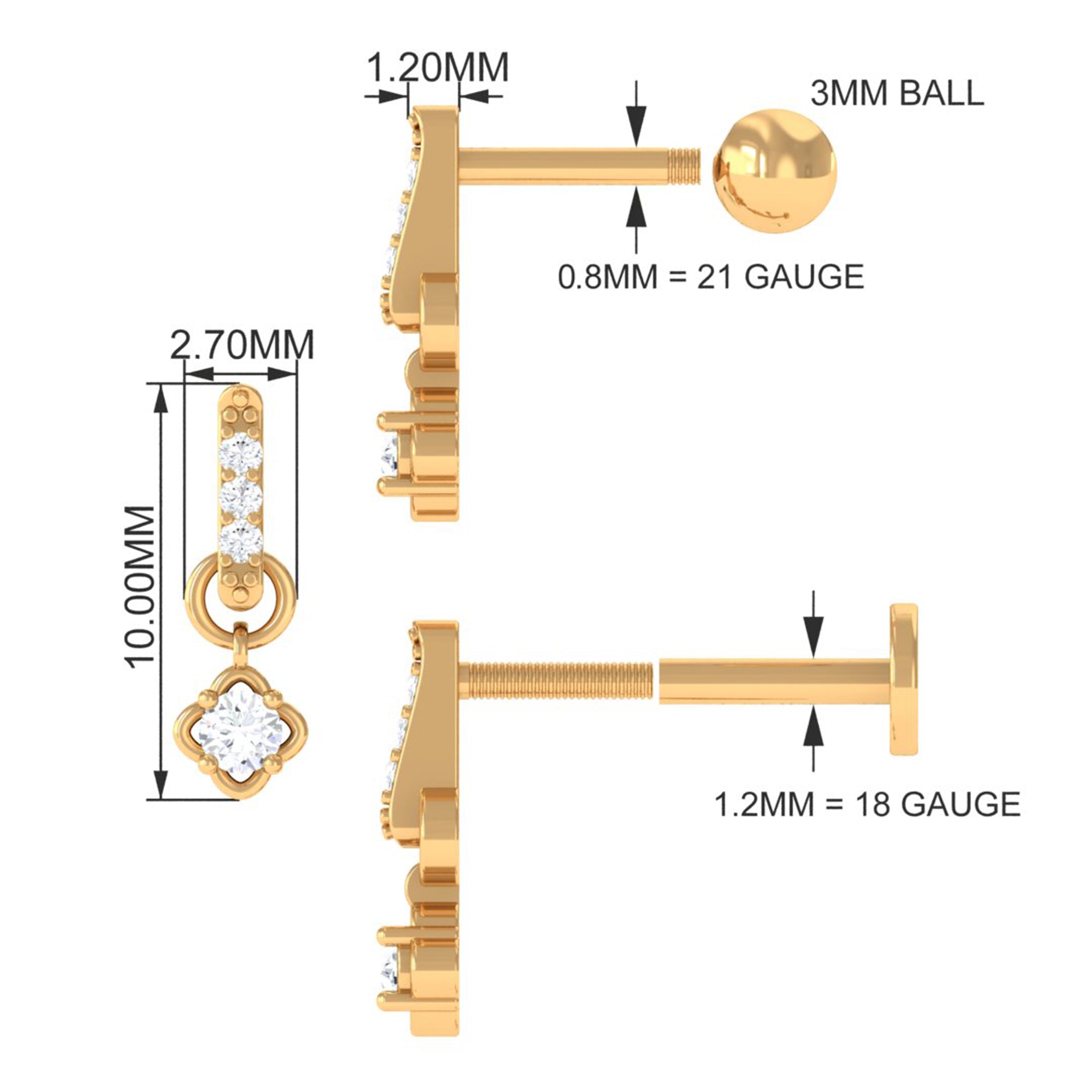 Minimalist Diamond Drop Earring for Cartilage Piercing