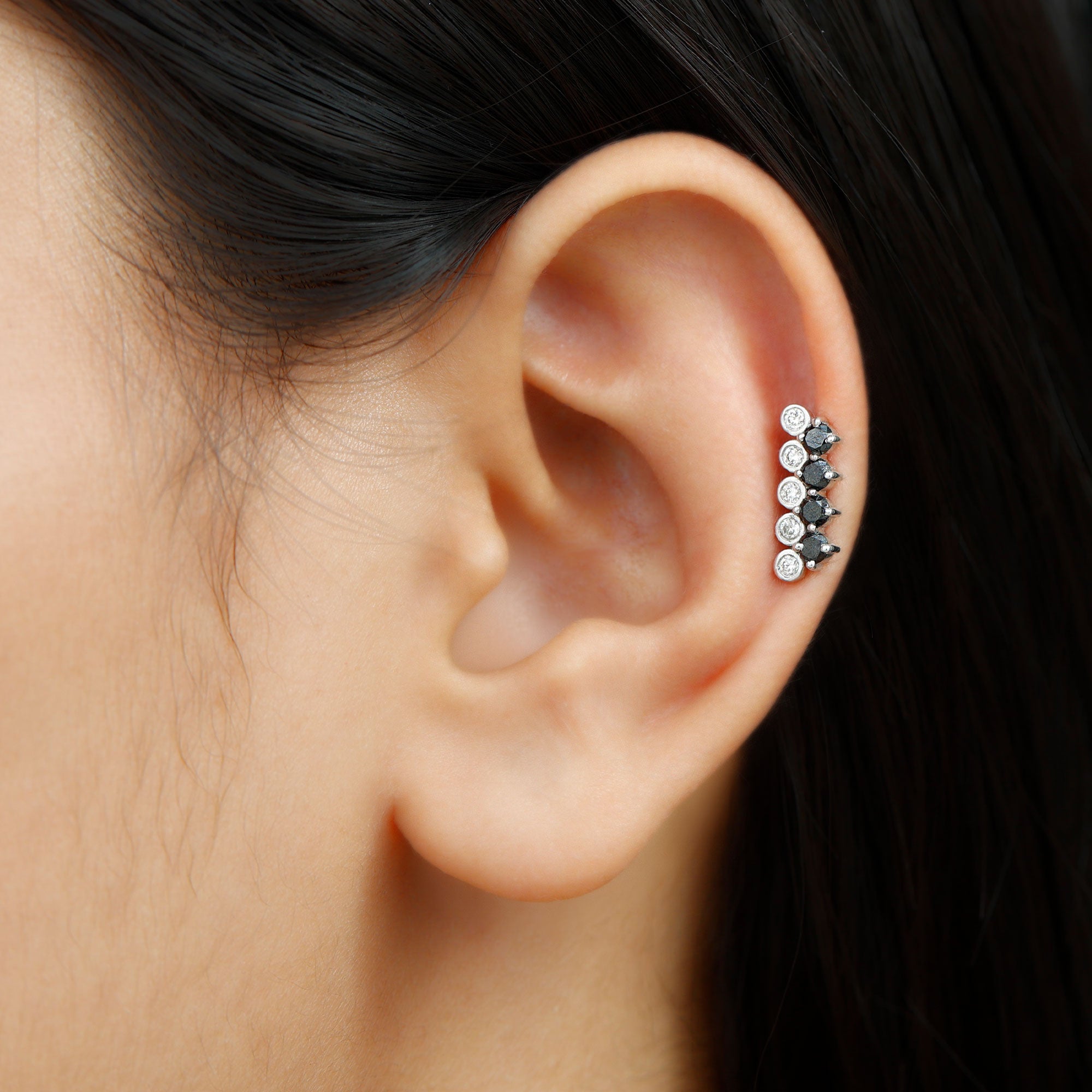 Minimal Black Onyx and Diamond Bar Cartilage Earring