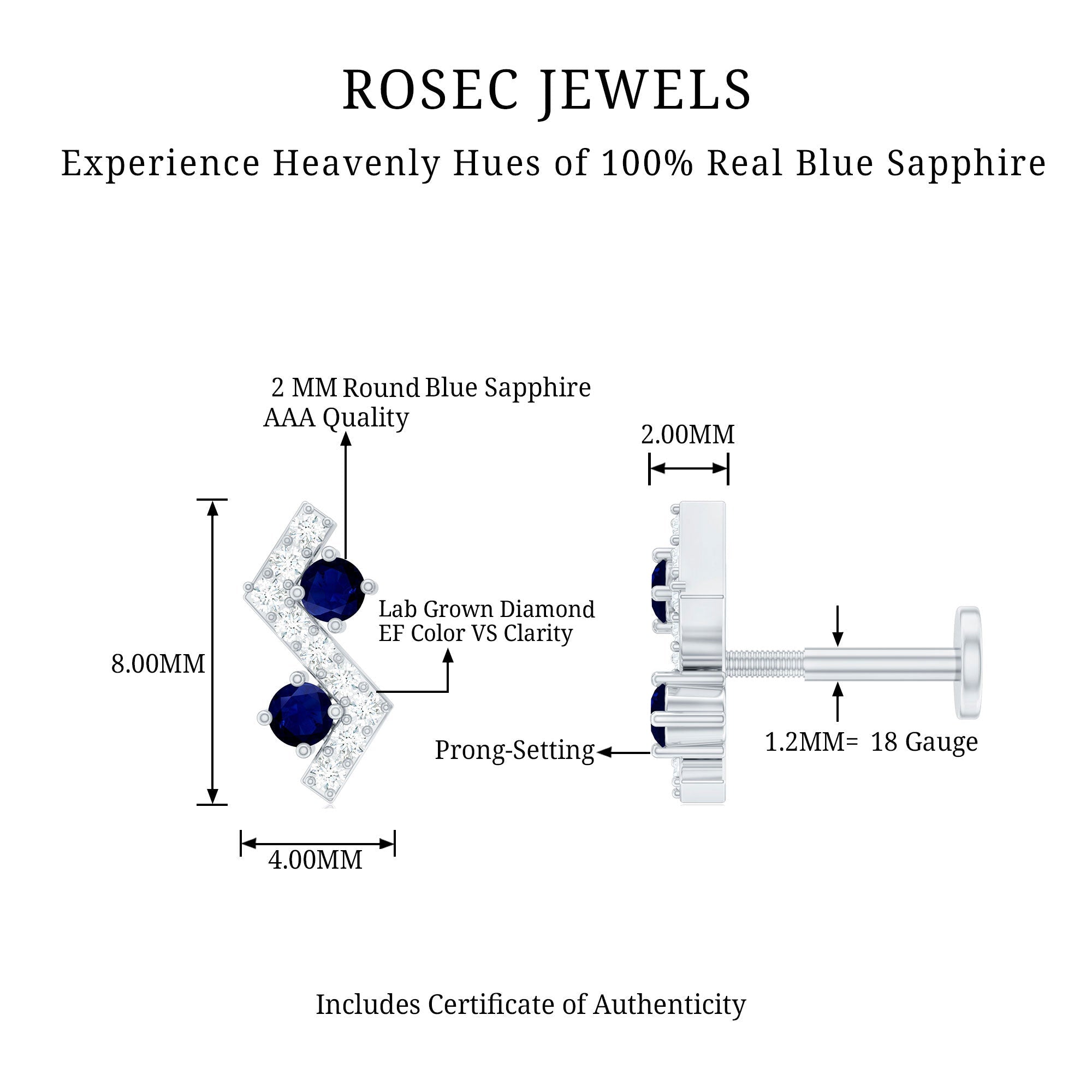 Blue Sapphire and Lab Grown Diamond Zig Zag Helix Earring