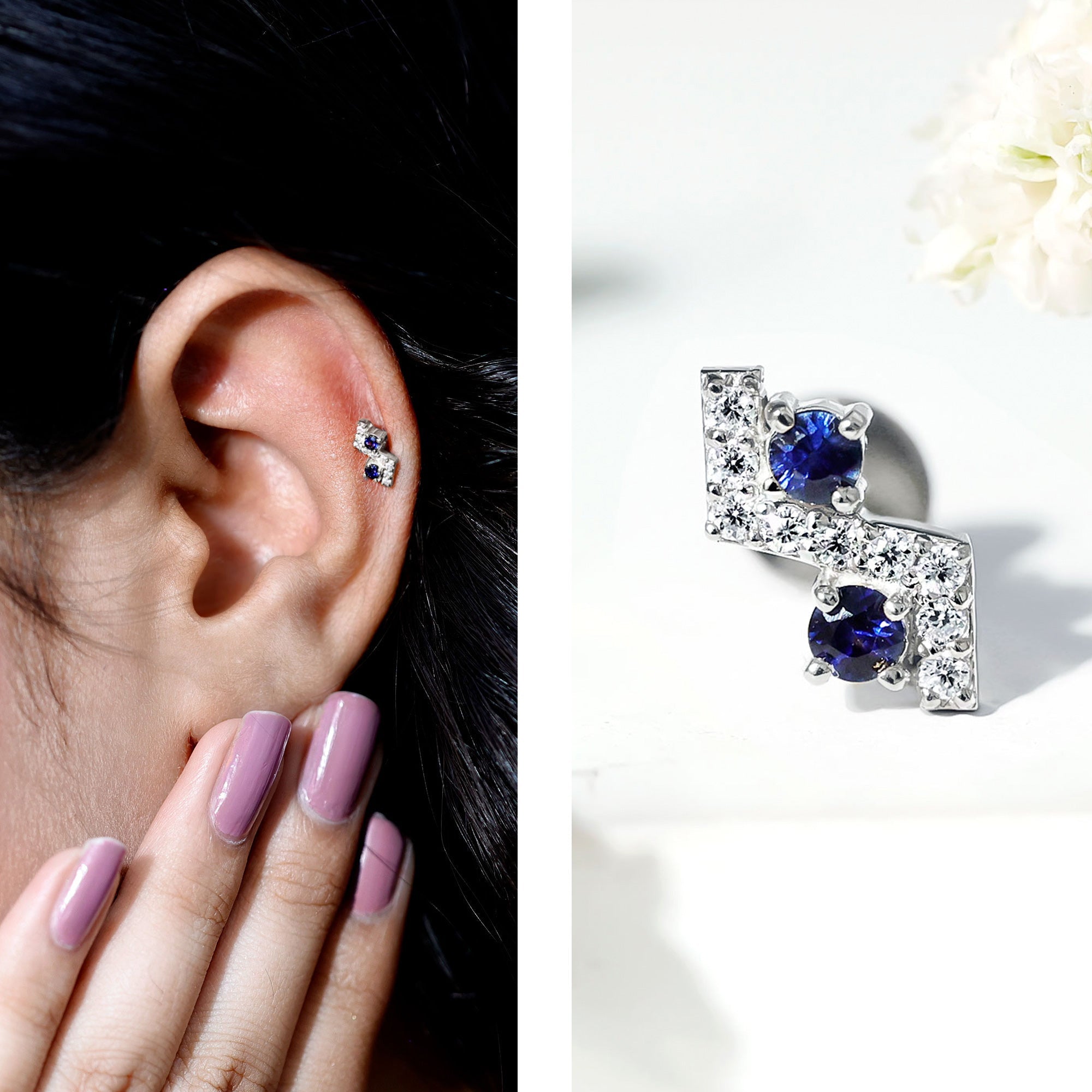 Blue Sapphire and Lab Grown Diamond Zig Zag Helix Earring