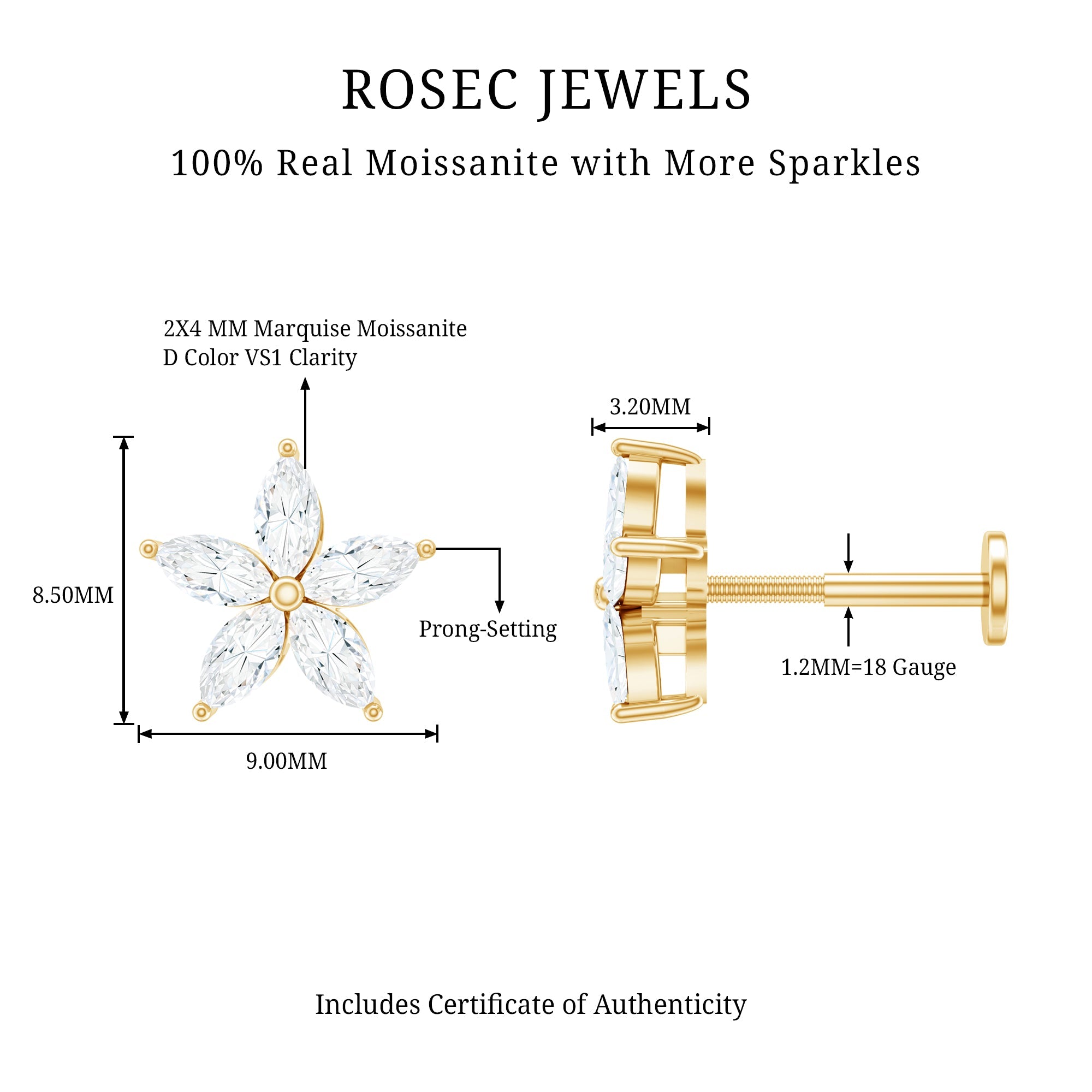 Marquise Cut Moissanite Floral Earring for Cartilage Piercing