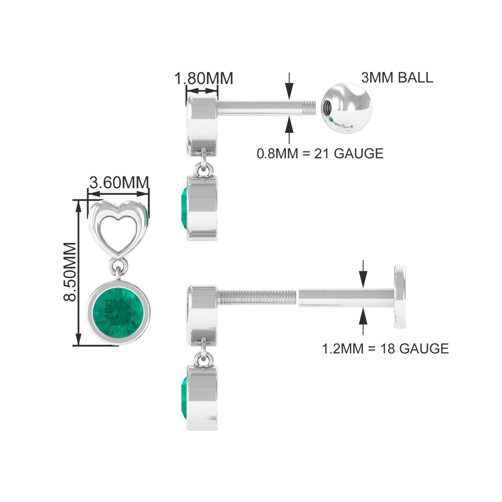 Emerald Heart Drop Earring for Tragus Piercing