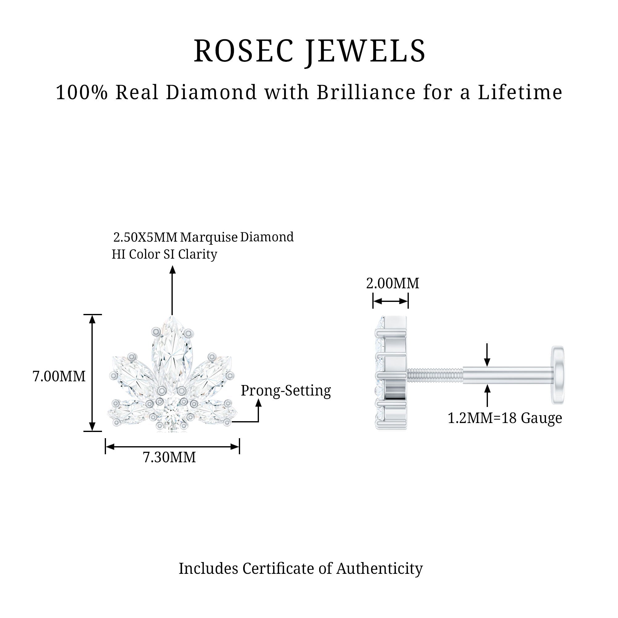 Marquise Diamond Lotus Earring for Upper Lobe Piercing