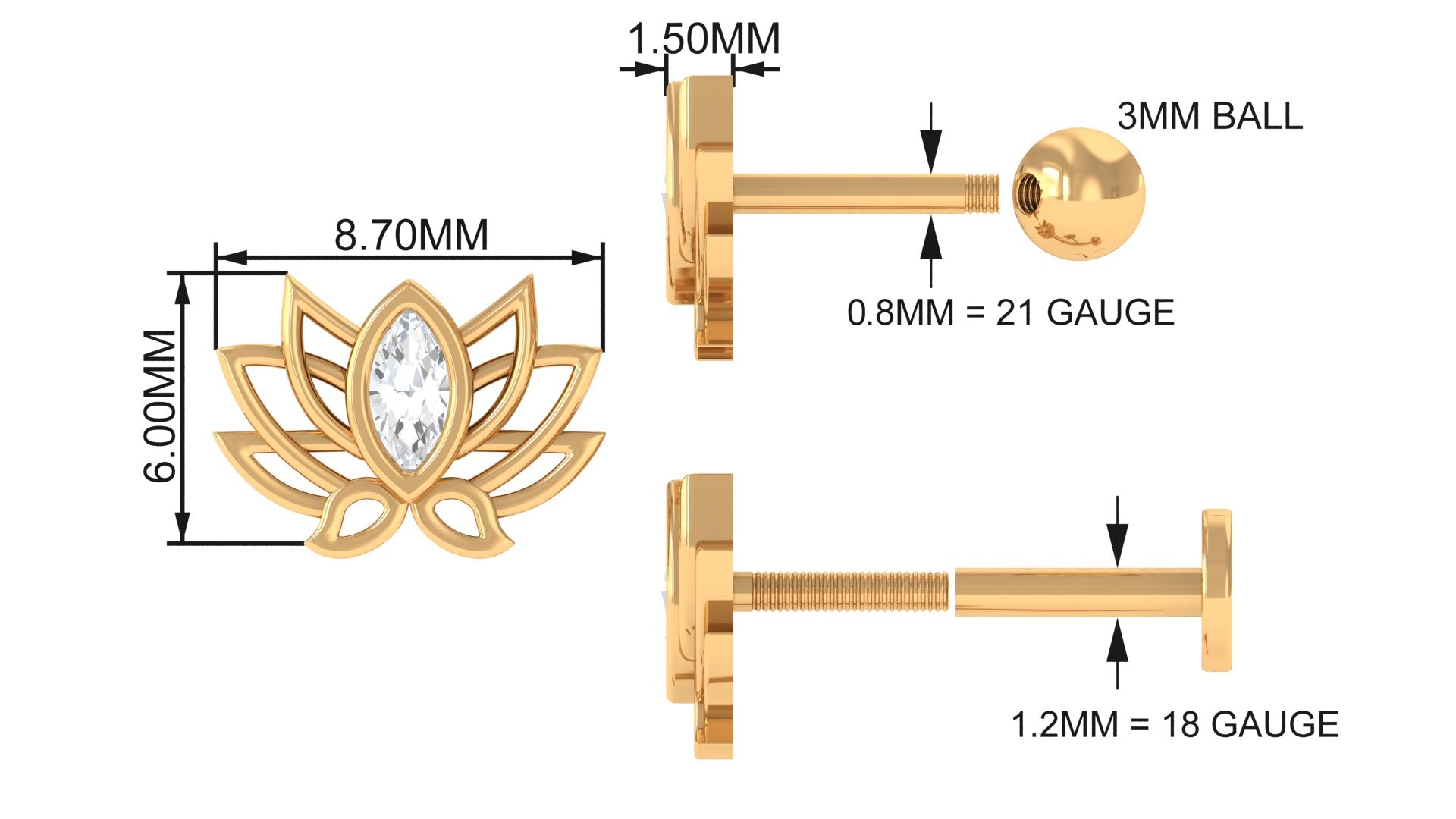 Marquise Diamond Lotus Cartilage Earring for Her