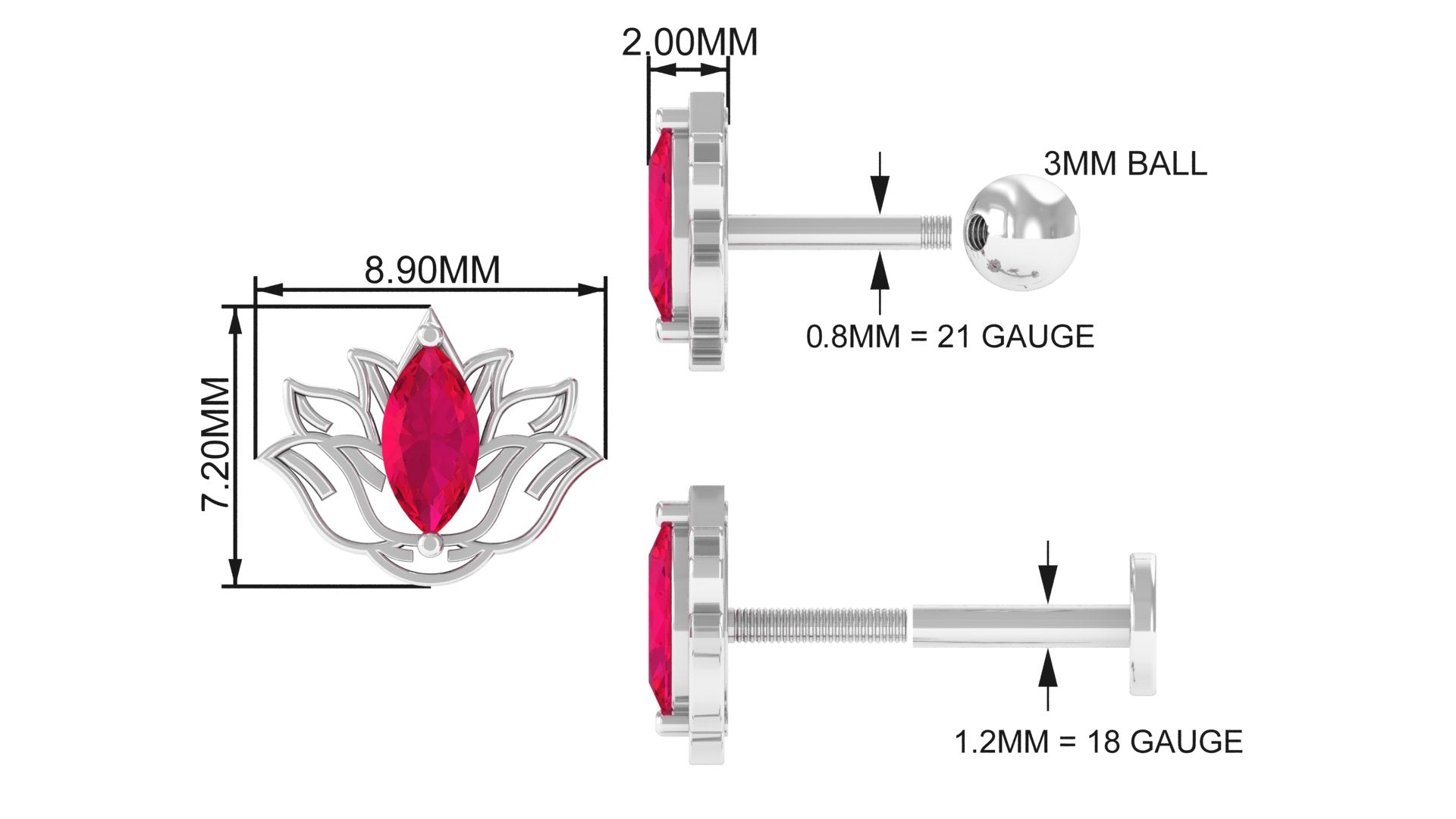 Marquise Ruby Lotus Earring for Helix Piercing