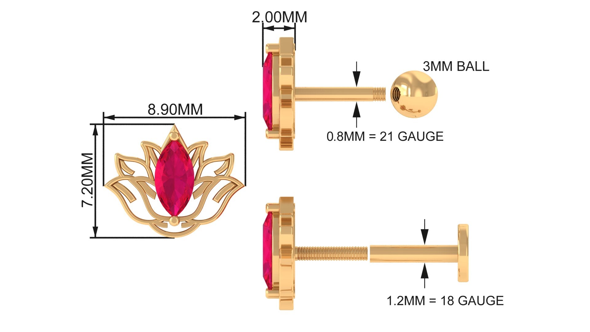 Marquise Ruby Lotus Earring for Helix Piercing
