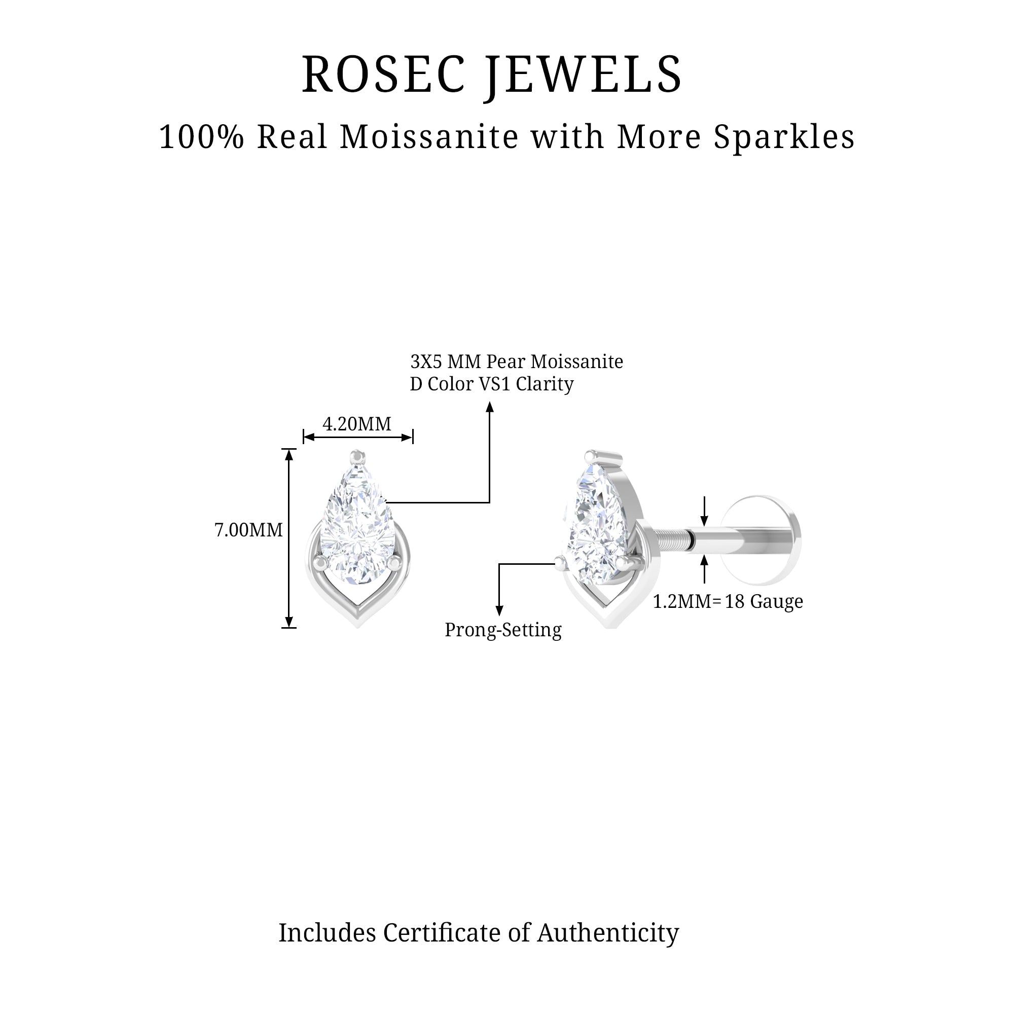 3X5MM Pear Shape Moissanite Solitaire Cartilage Earring