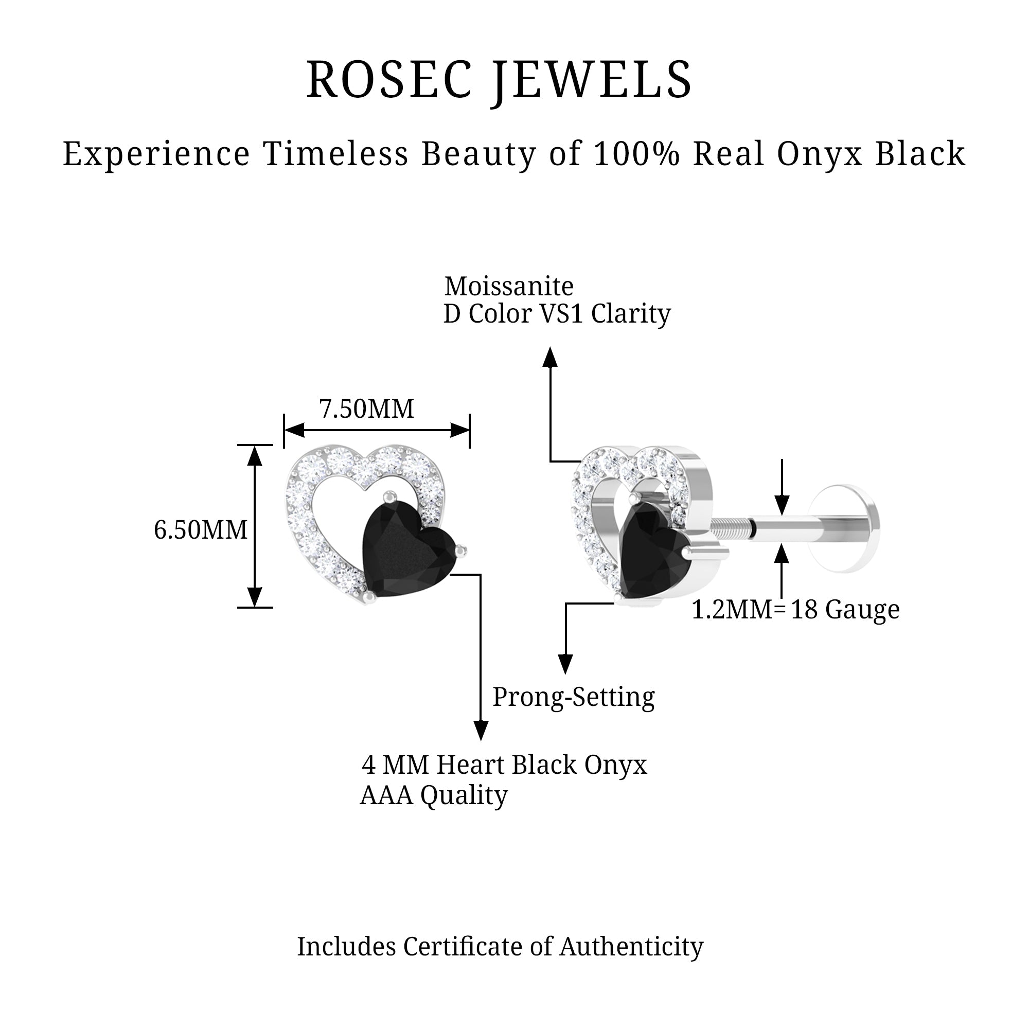 Black Onyx and Lab Grown Diamond Heart Helix Earring
