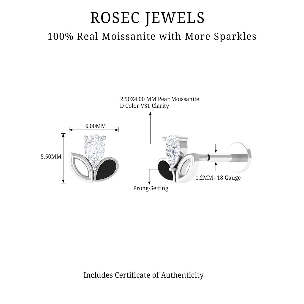 Pear Cut Moissanite Cartilage Earring with Black Enamel