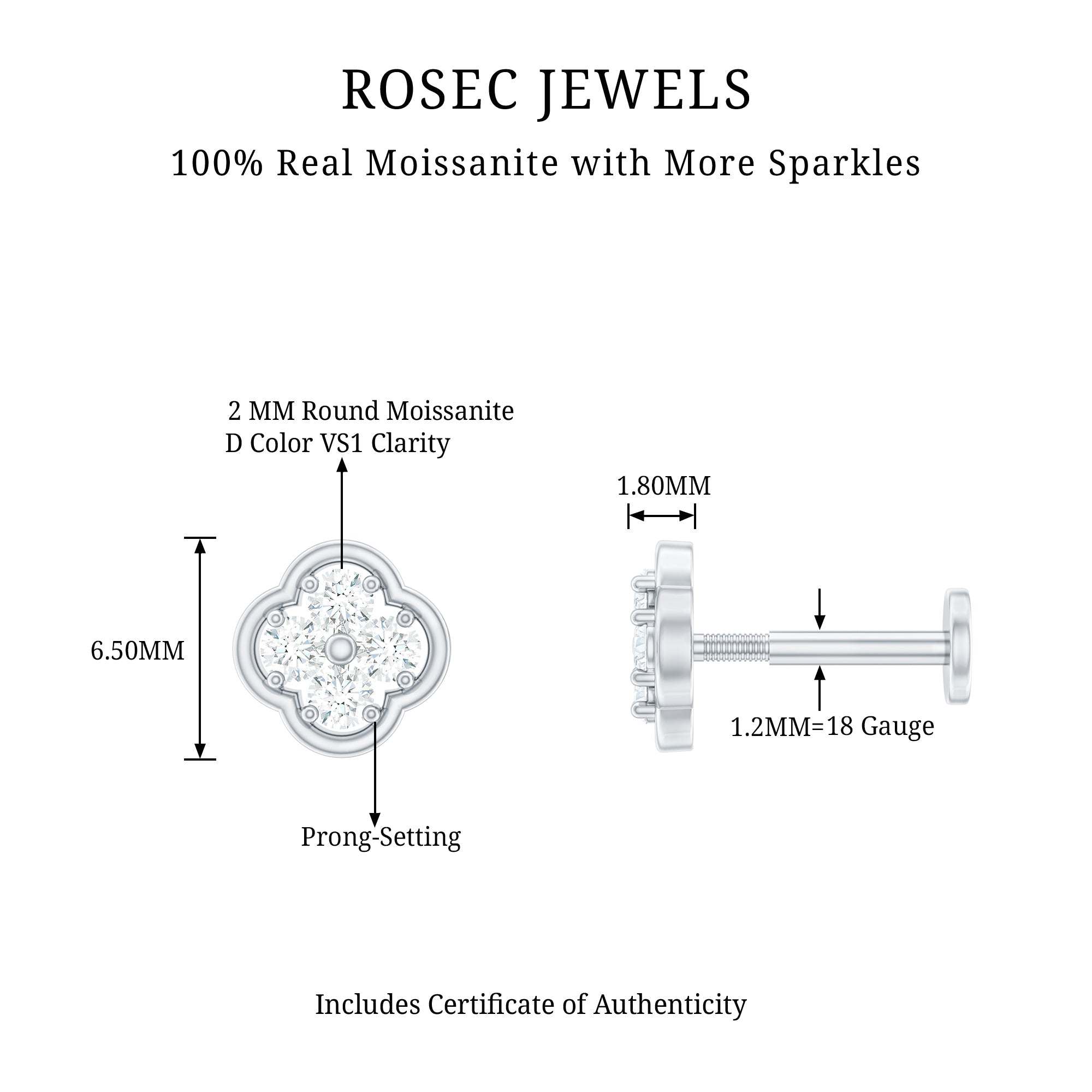 Moissanite Cluster Clover Earring for Helix Piercing