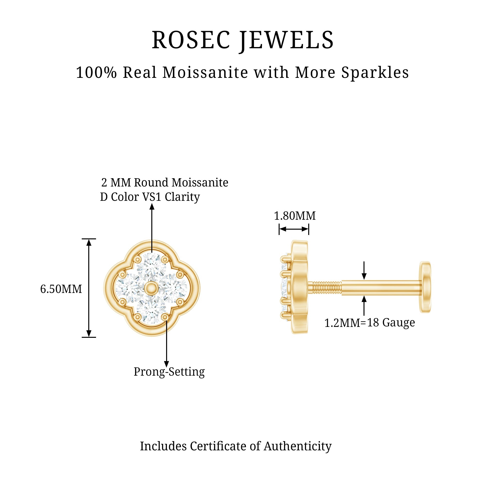 Moissanite Cluster Clover Earring for Helix Piercing