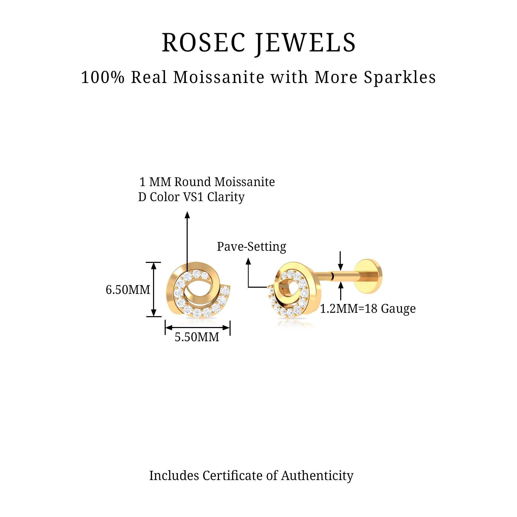 Moissanite Swirl Earring for Second Hole Piercing