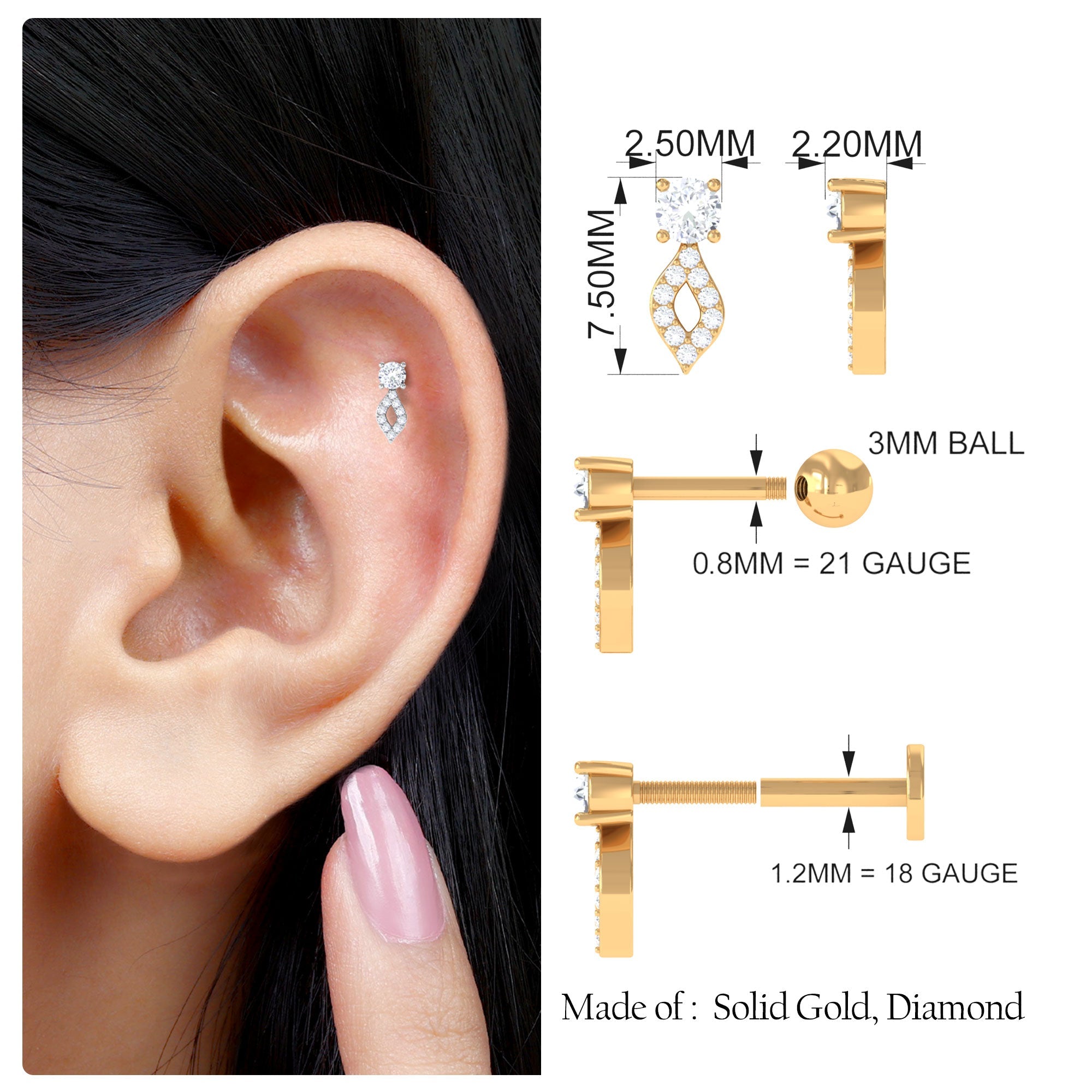 Natural Diamond Unique Tragus Earring