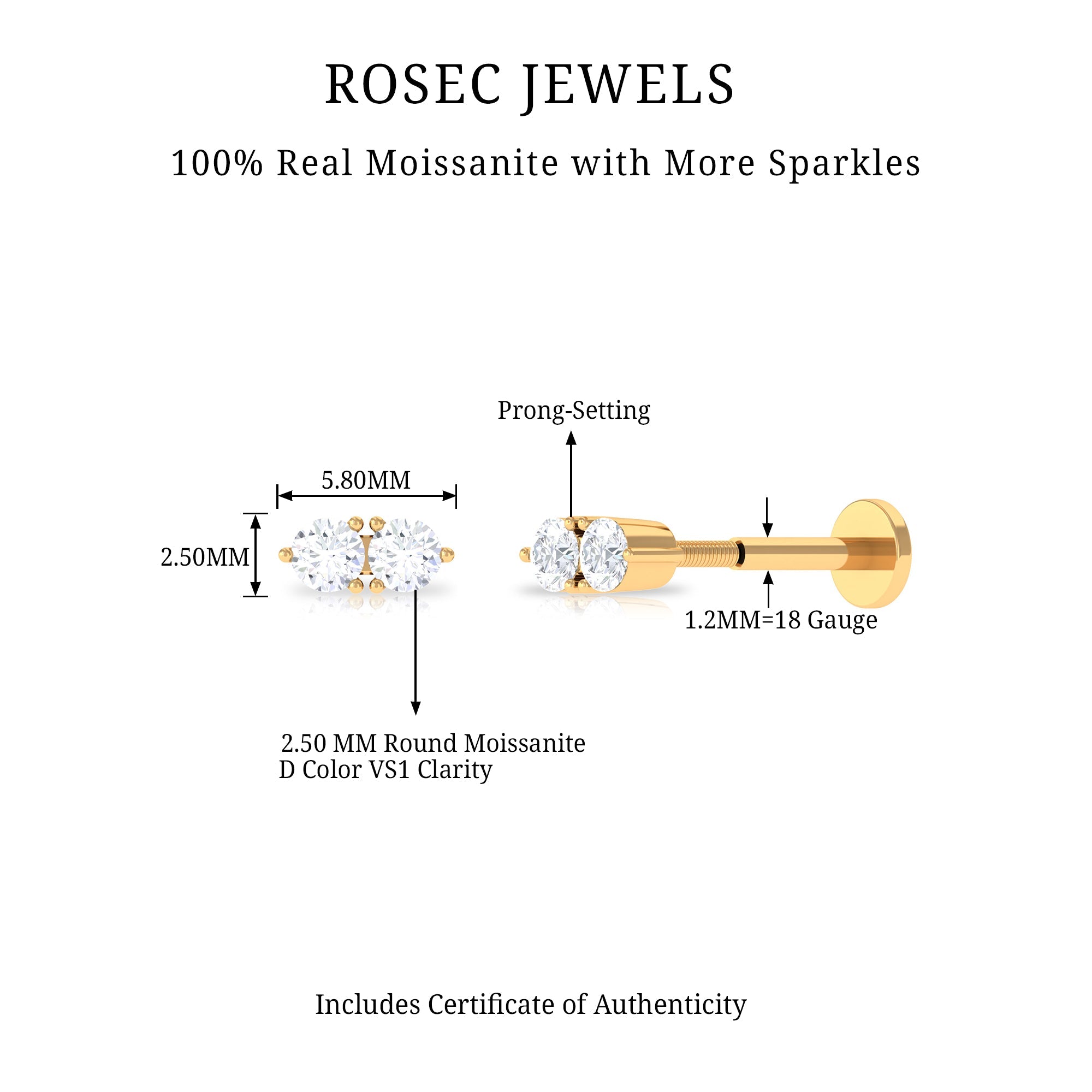 Minimalist Moissanite 2 Stone Earring for Tragus Piercing