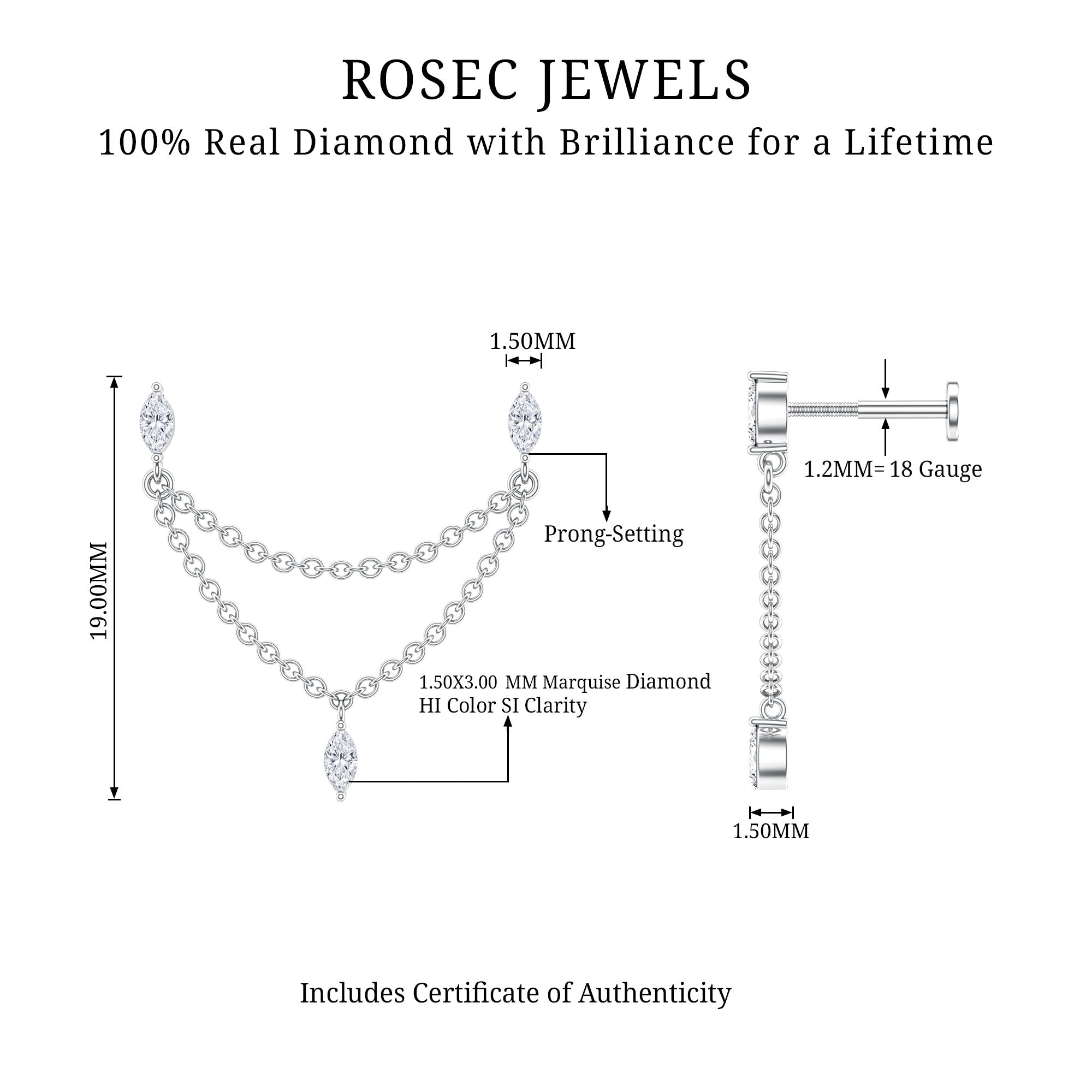 Marquise Diamond Double Piercing Earring with Dangling Chain