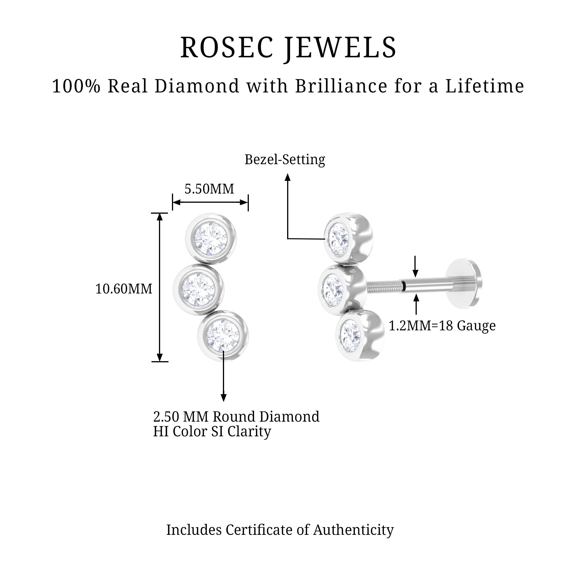 Three Diamond Curved Helix Earring in Bezel Setting