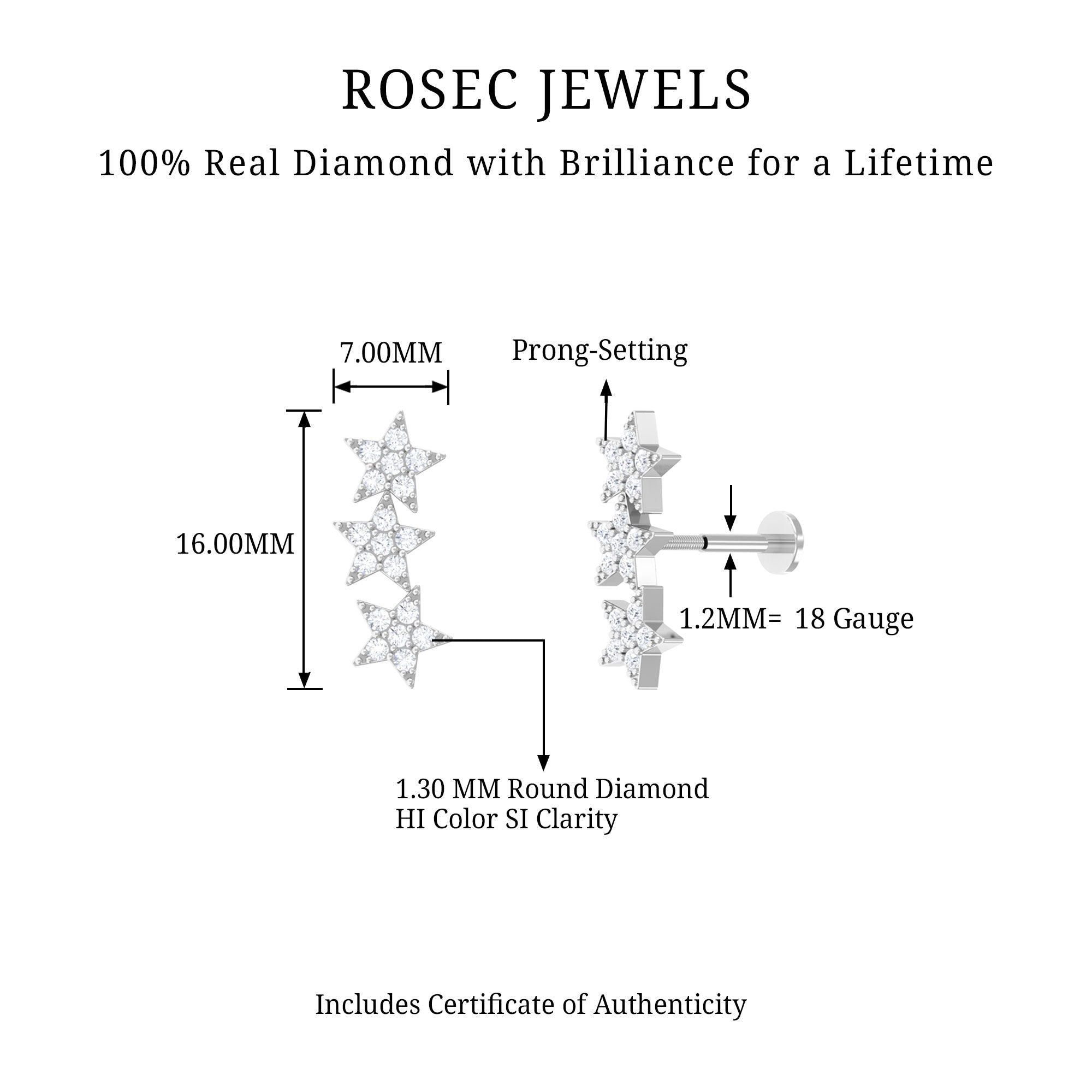 Diamond 3 Star Crawler Earring for Cartilage Piercing
