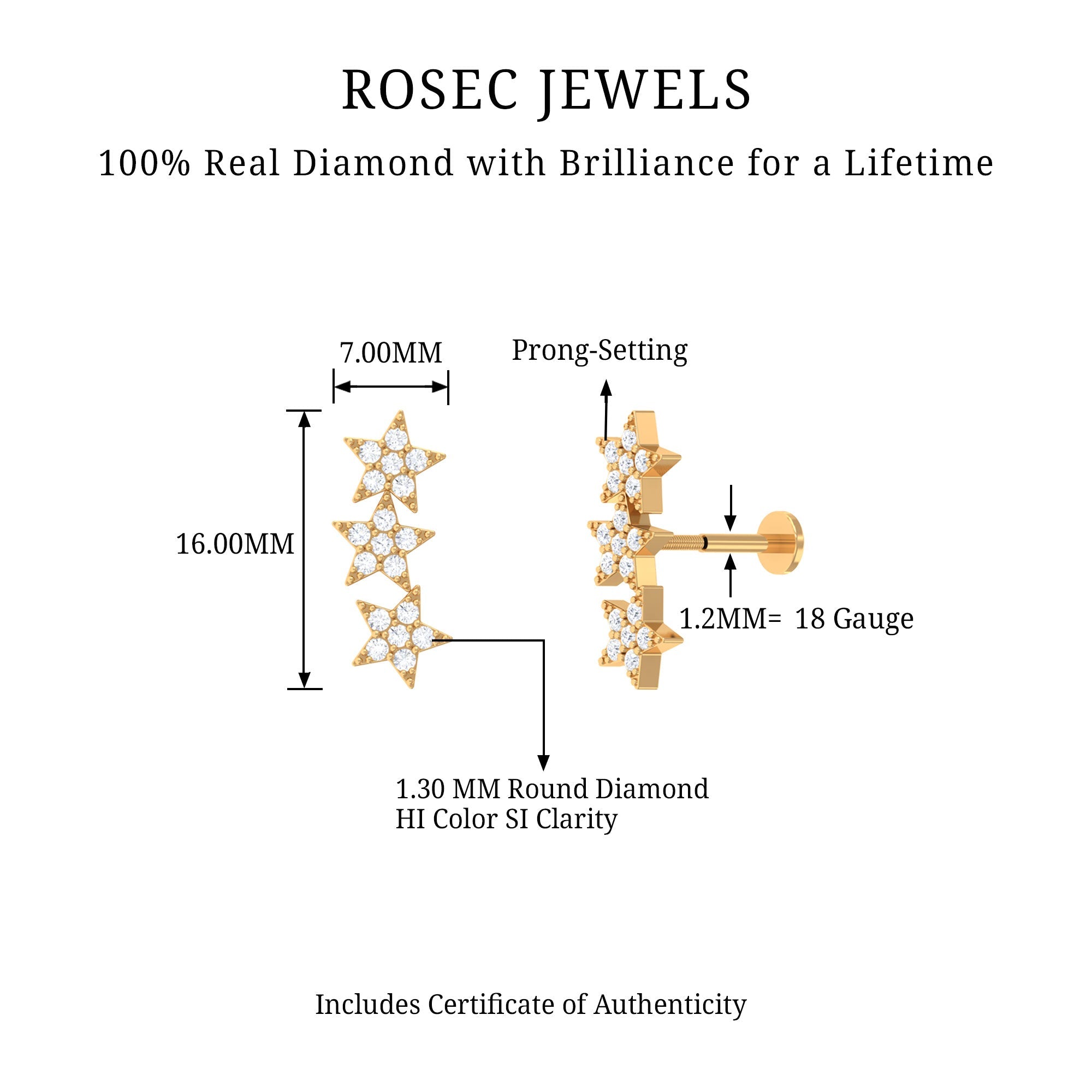 Diamond 3 Star Crawler Earring for Cartilage Piercing