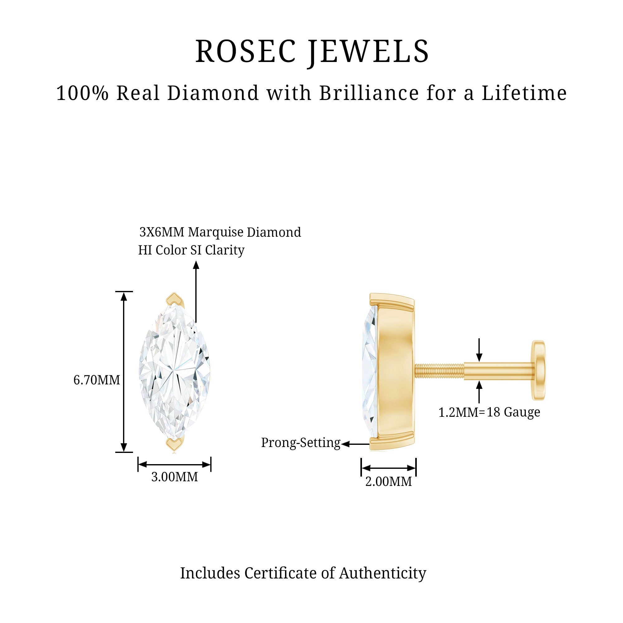 Marquise Diamond Solitaire Earring for Helix Piercing