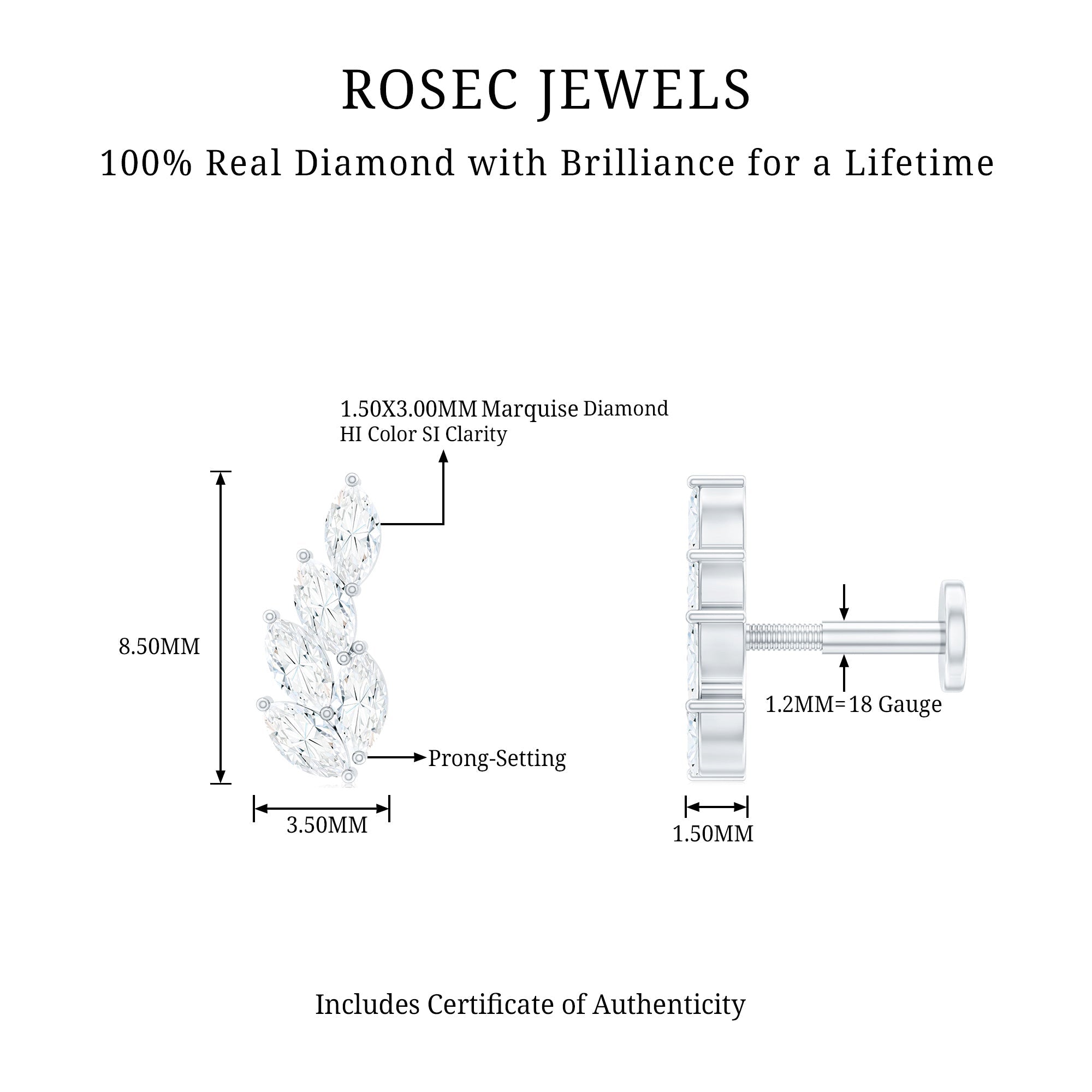Marquise Diamond Leaf Cluster Earring for Helix Piercing