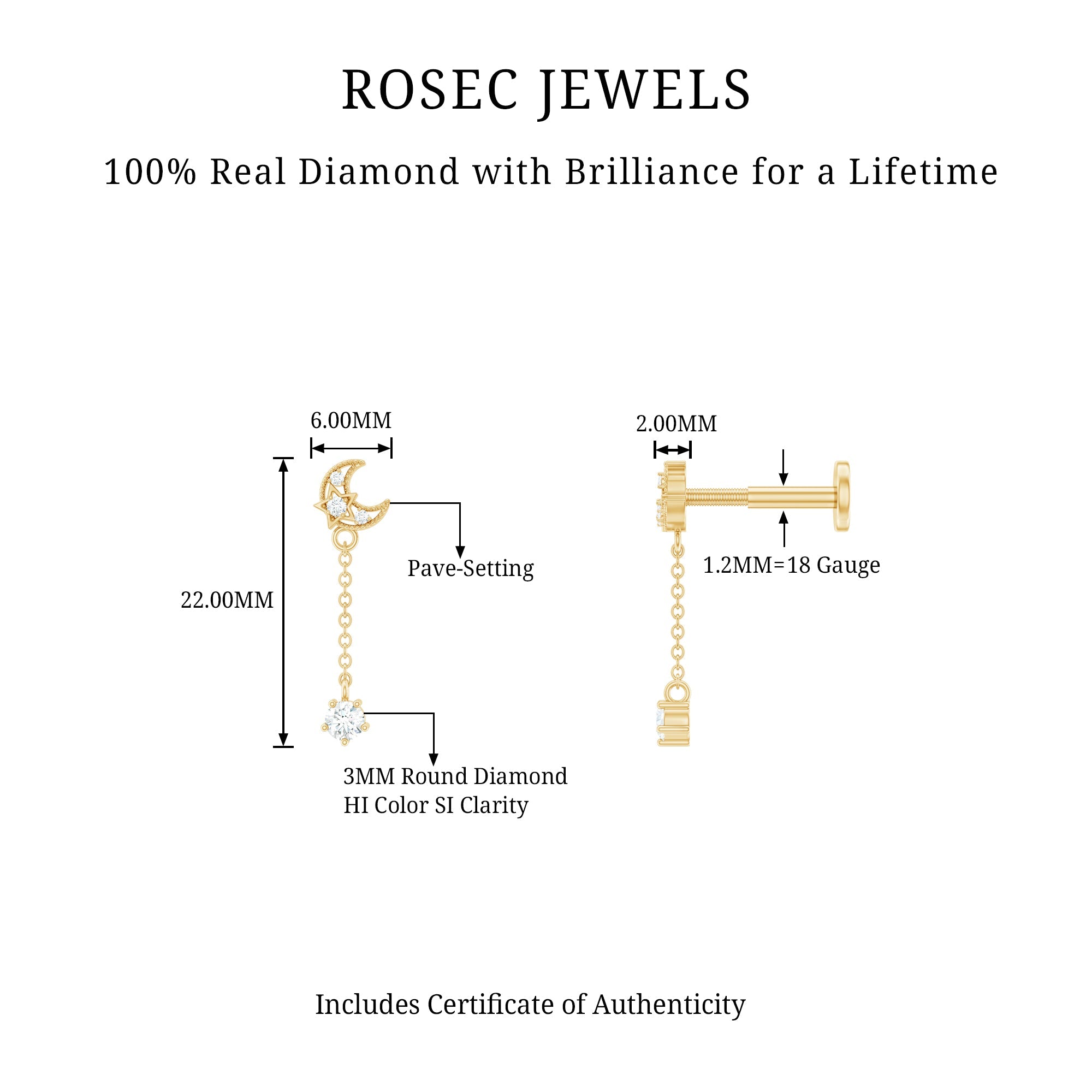 Diamond Moon Chain Earring for Helix Piercing