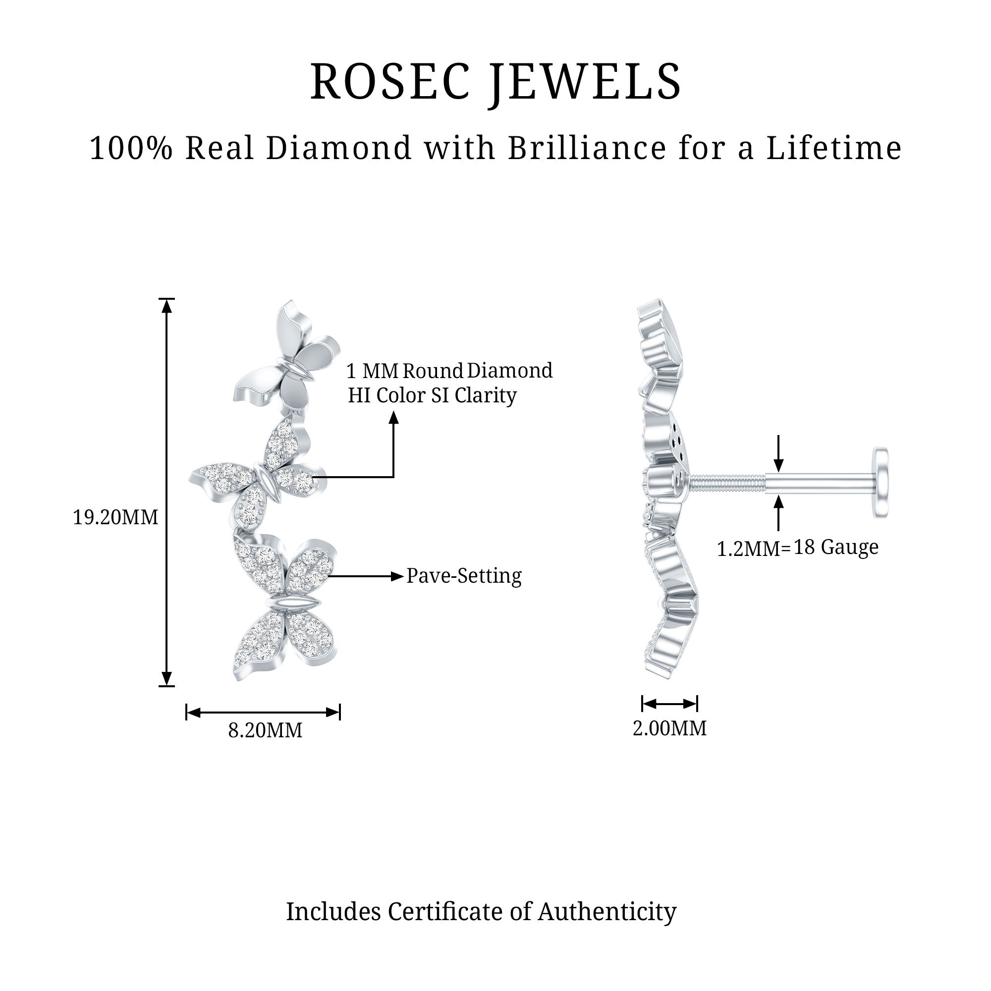 Diamond Butterfly Crawler Earring for Helix Piercing
