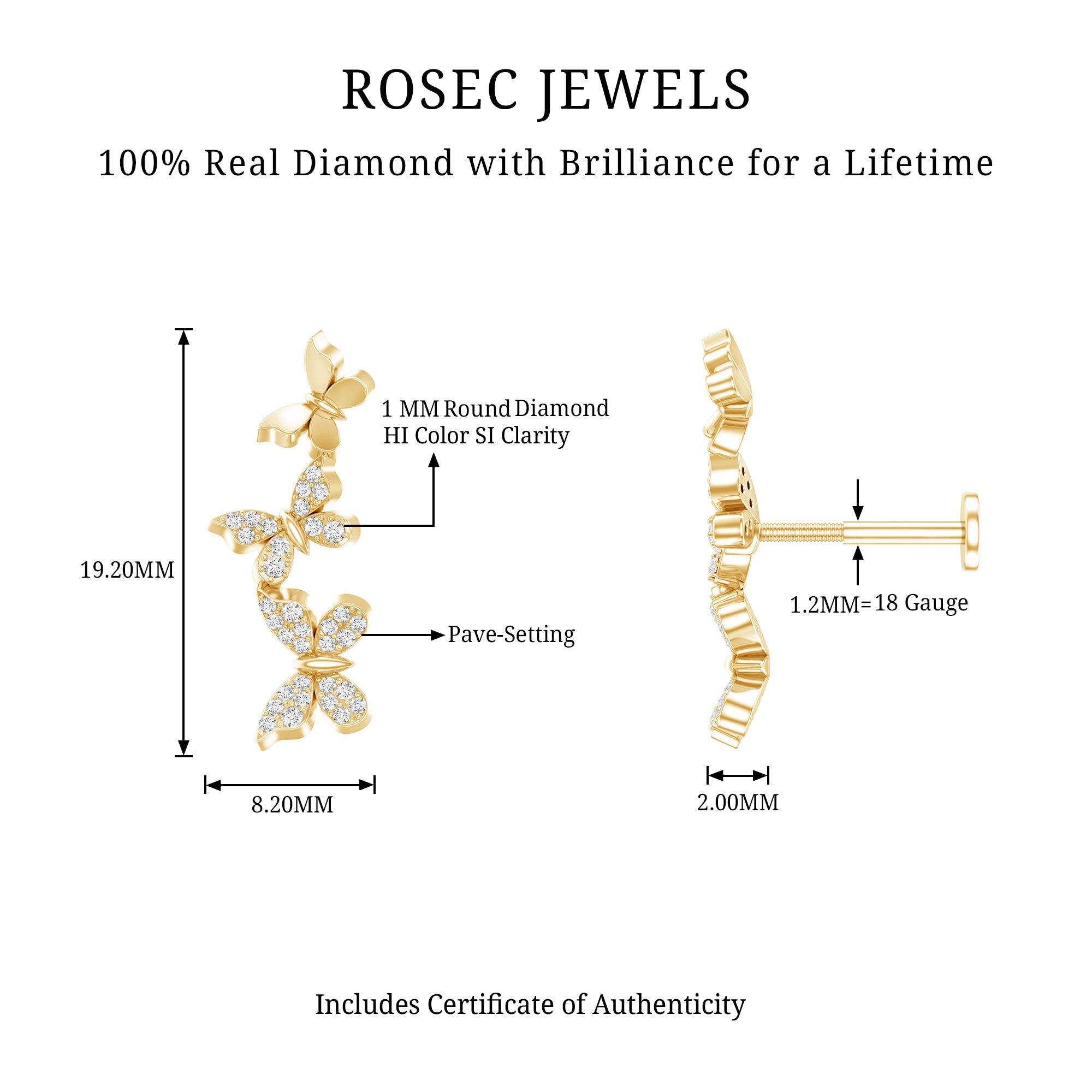 Diamond Butterfly Crawler Earring for Helix Piercing