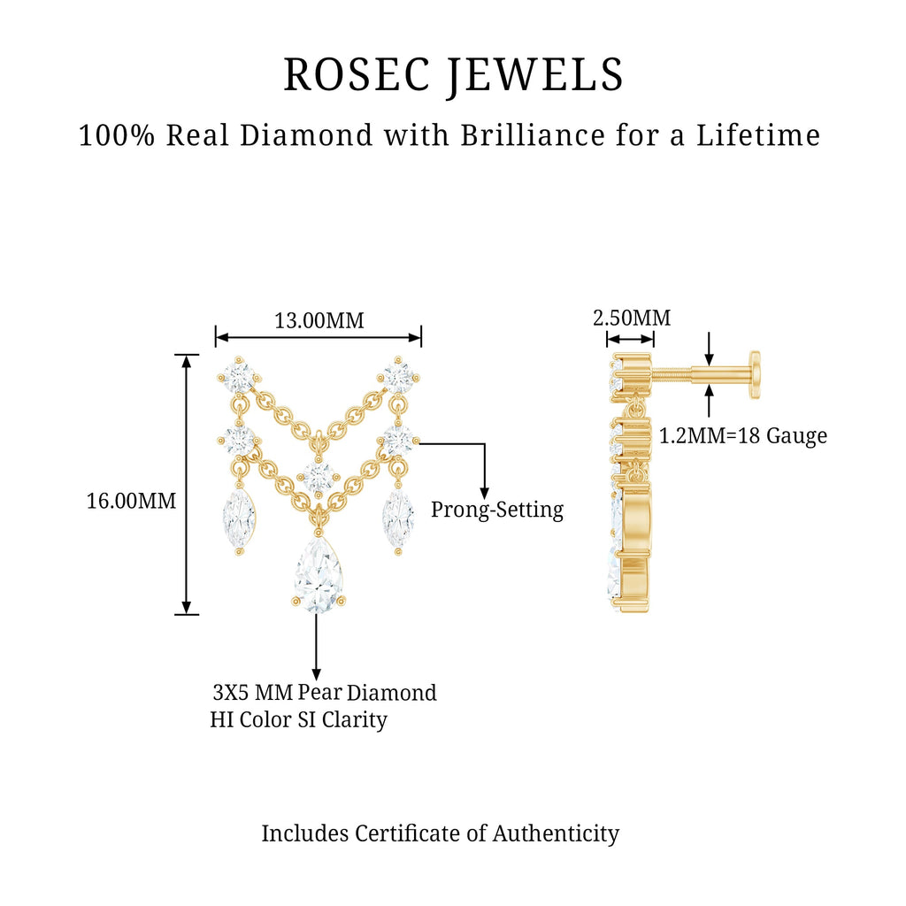 Brilliant Cut Diamond Double Chain Drop Earring for Cartilage Piercing