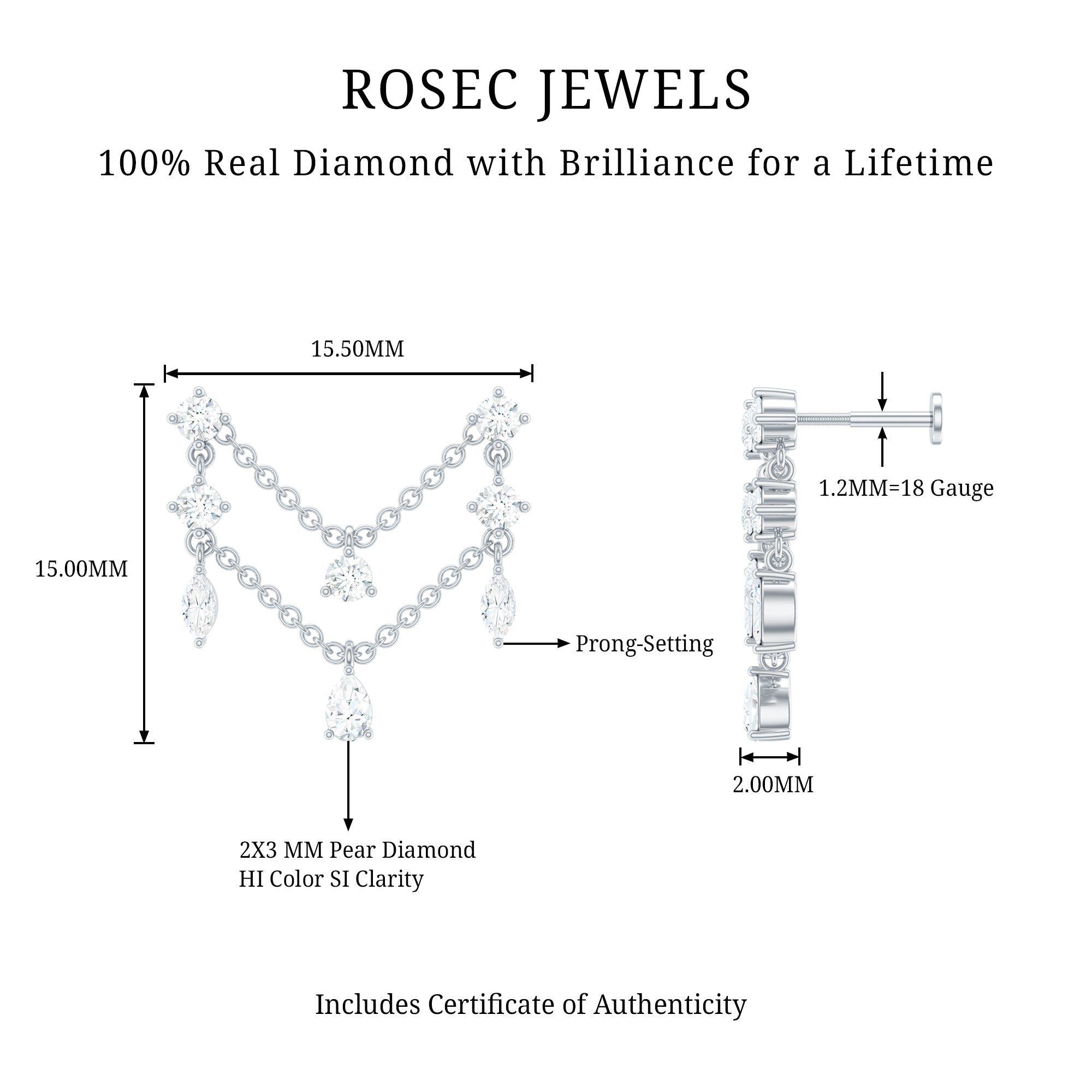 Real Diamond Double Chain Earring for Cartilage Piercing