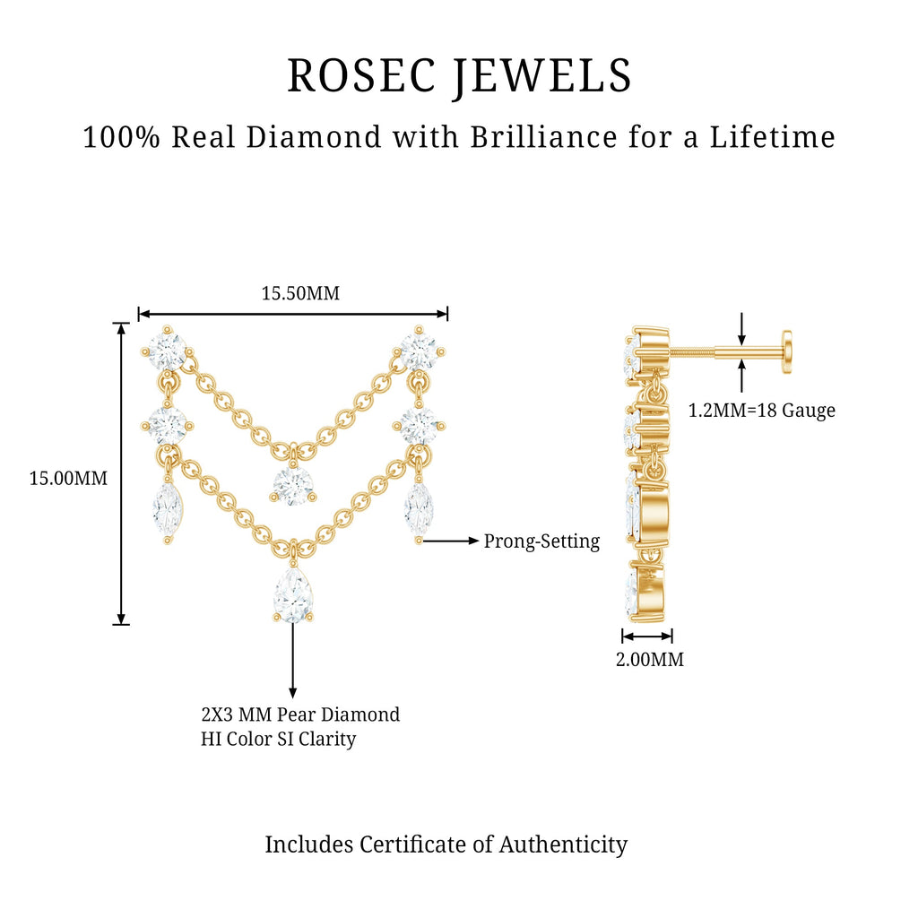Real Diamond Double Chain Earring for Cartilage Piercing