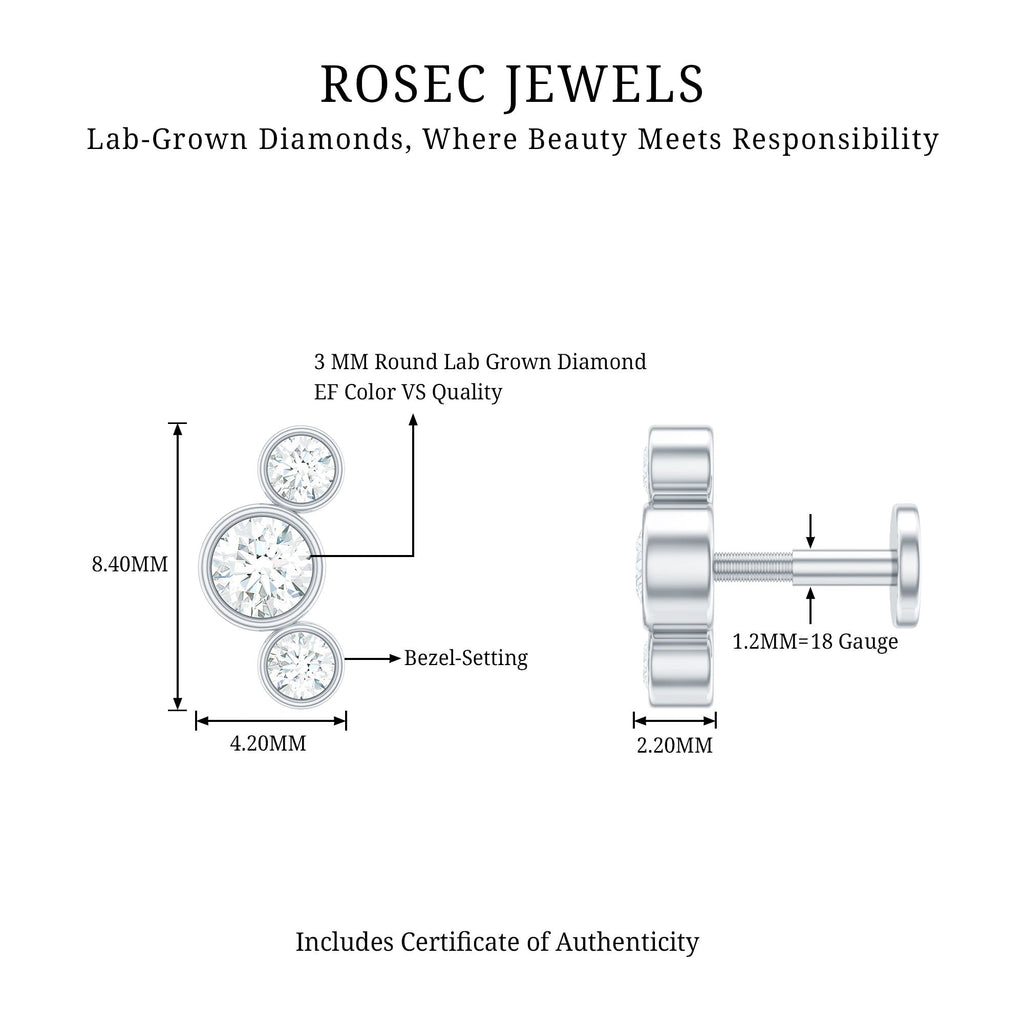 Bezel Set Diamond Three Stone Earring for Helix Piercing