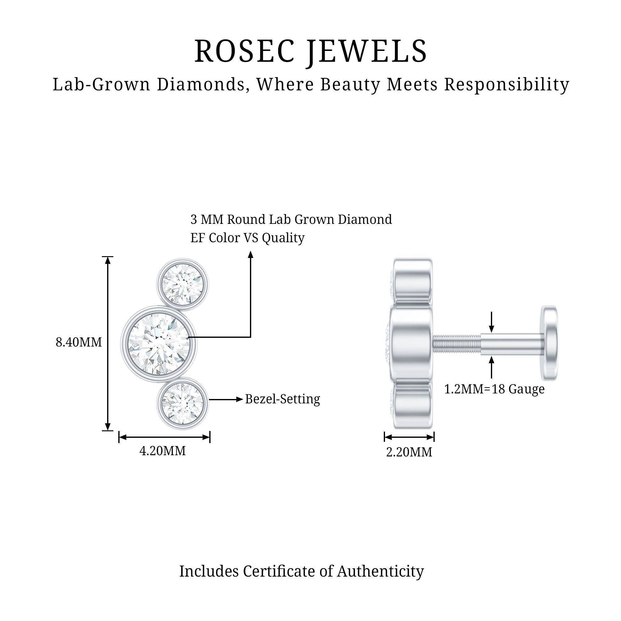 Bezel Set Diamond Three Stone Earring for Helix Piercing