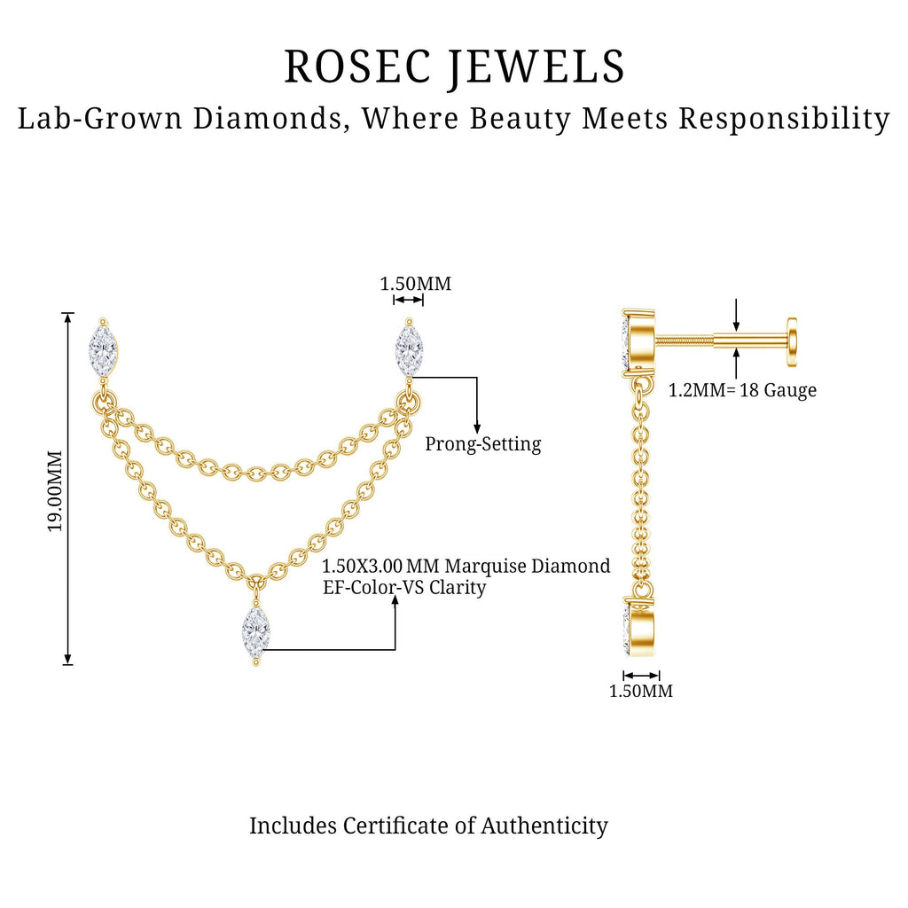 Marquise Diamond Double Piercing Earring with Dangling Chain