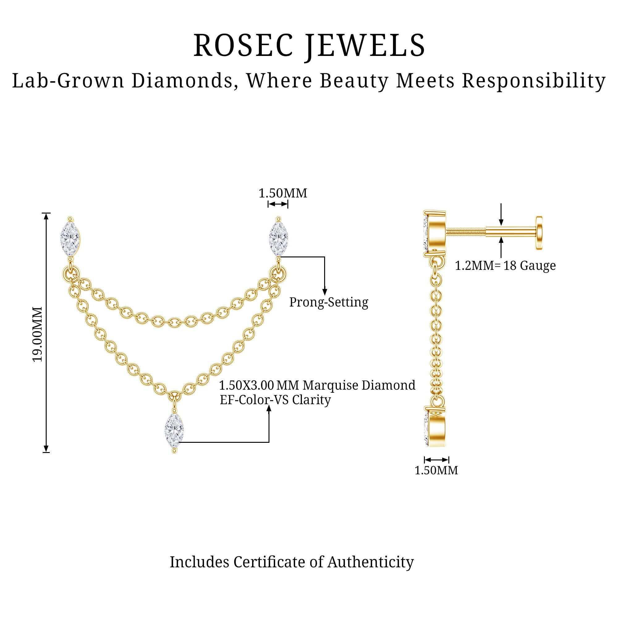 Marquise Diamond Double Piercing Earring with Dangling Chain