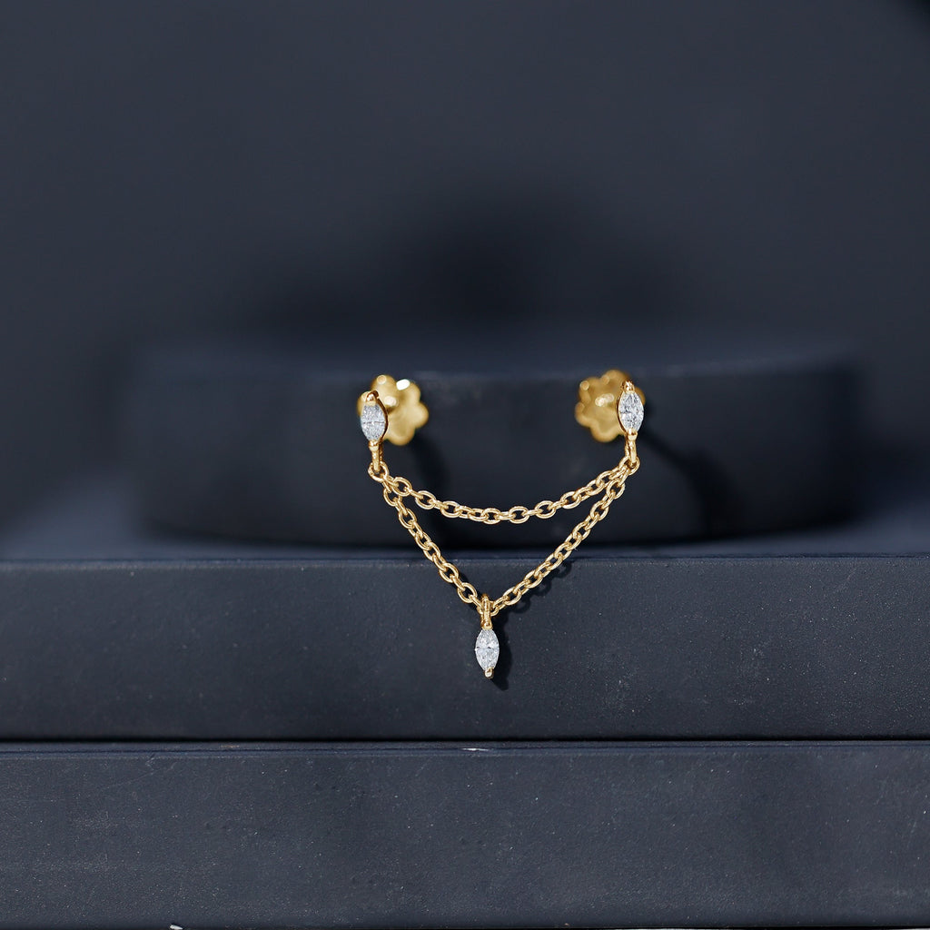 Marquise Diamond Double Piercing Earring with Dangling Chain