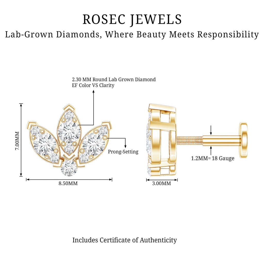 Certified Diamond Lotus Flower Earring with Flat Back