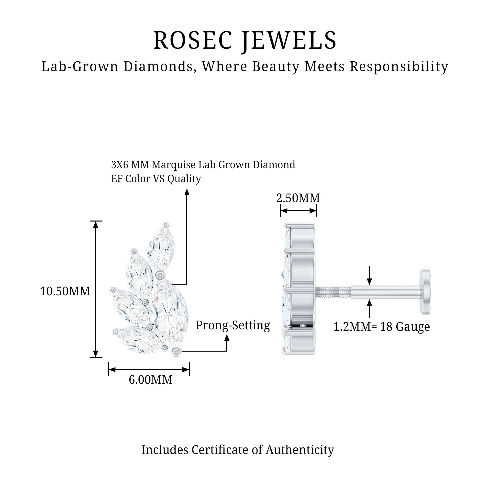 Marquise Diamond Cluster Helix Earring with Flat Back