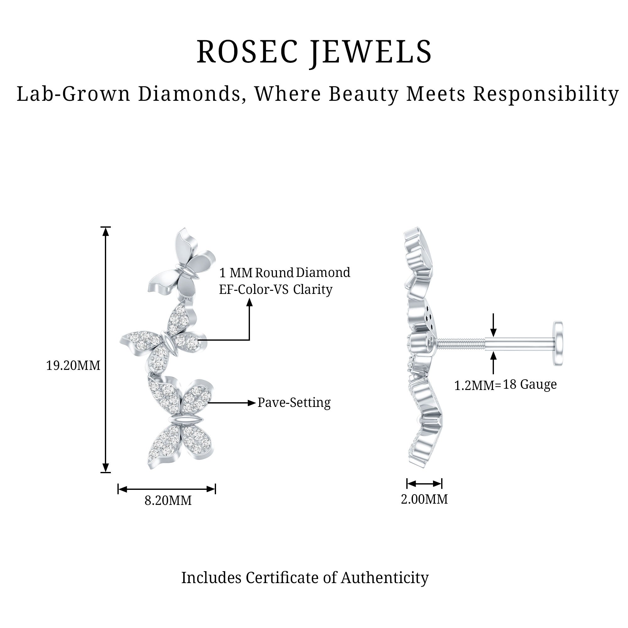 Diamond Butterfly Crawler Earring for Helix Piercing