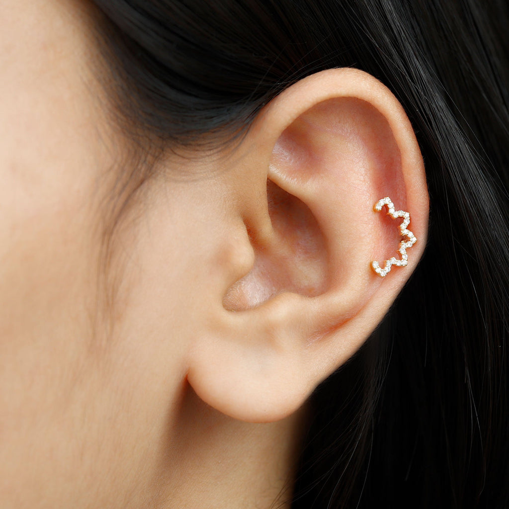 Certified Diamond Curved Floral Earring for Cartilage Piercing