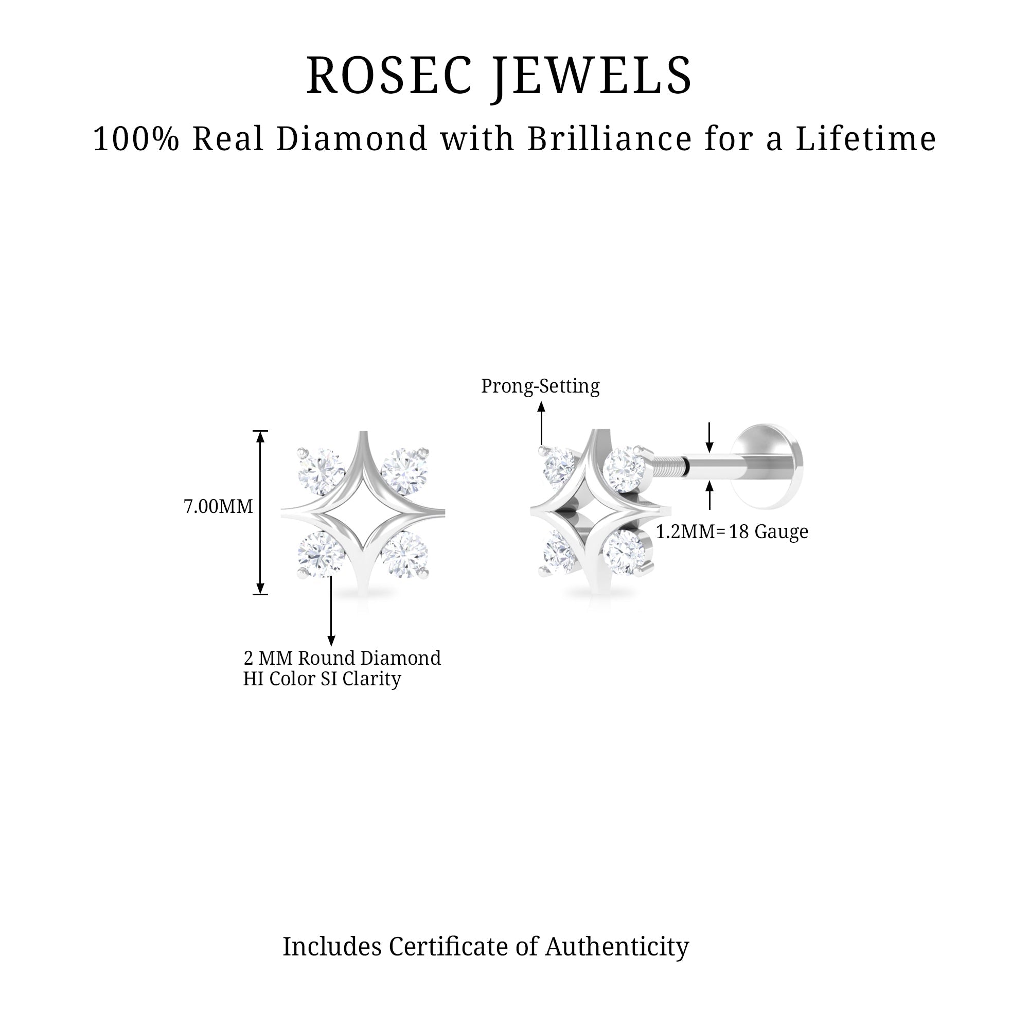 Round Cut Diamond Star Earring for Helix Piercing