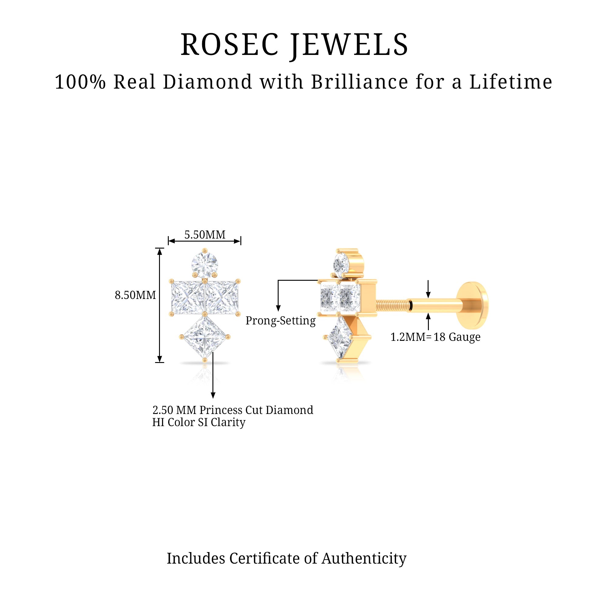 Princess Cut Diamond Helix Piercing Earring for Women