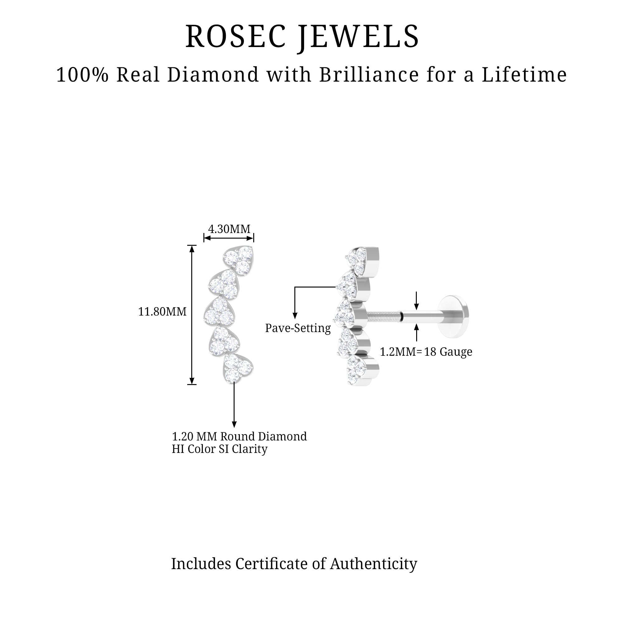 Diamond Heart Crawler Earring for Helix Piercing