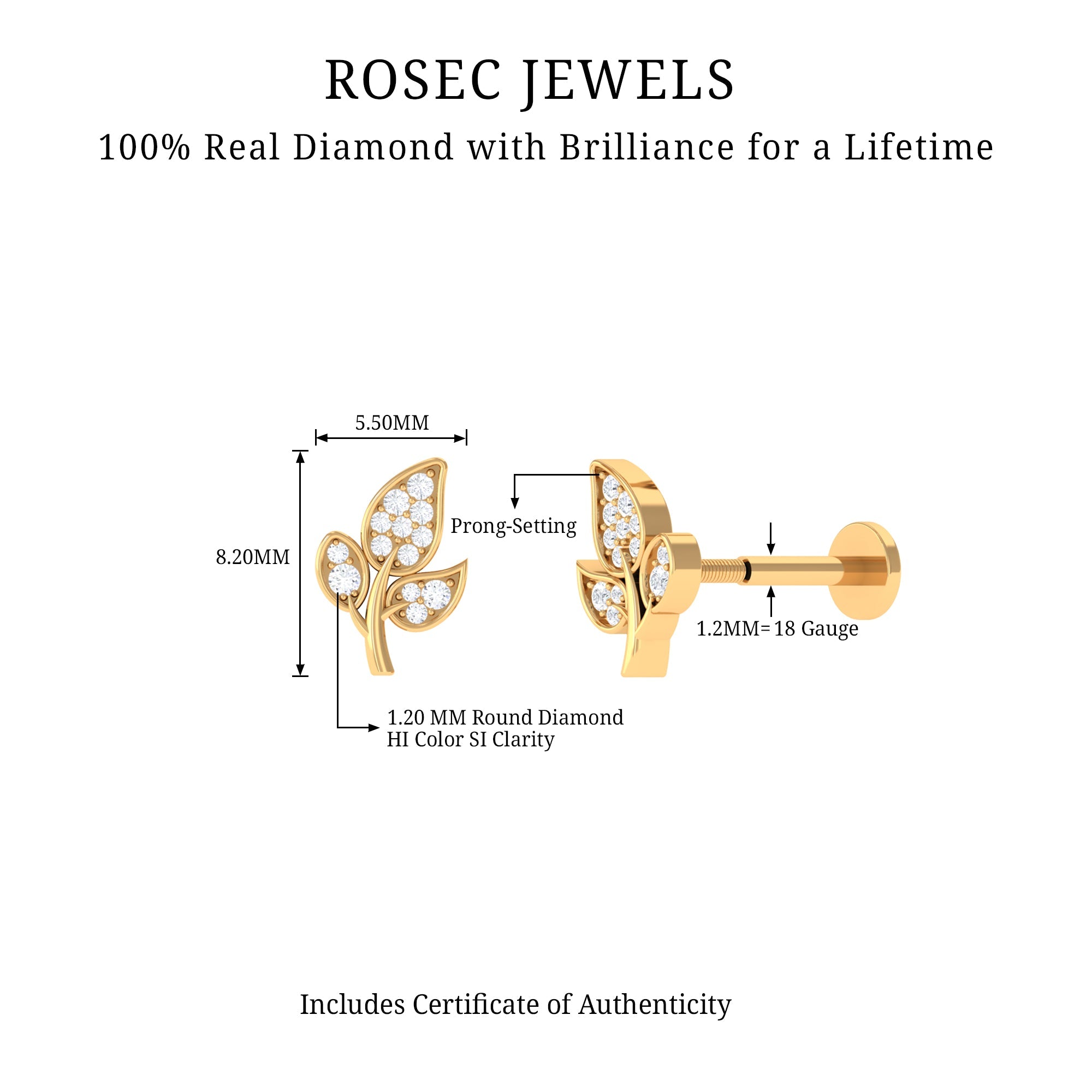 Diamond Leaf Flat Back Cartilage Stud Earring (18G) – Nature Inspired Helix & Tragus Jewelry in Gold