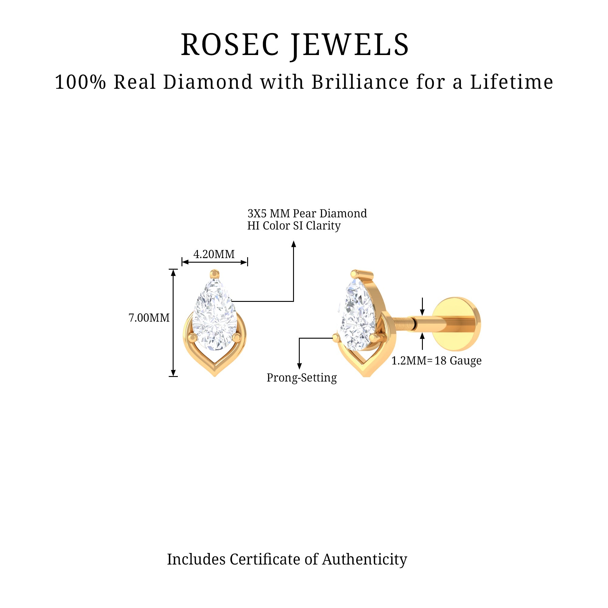 Pear Shape Diamond Solitaire Earring for Helix Piercing
