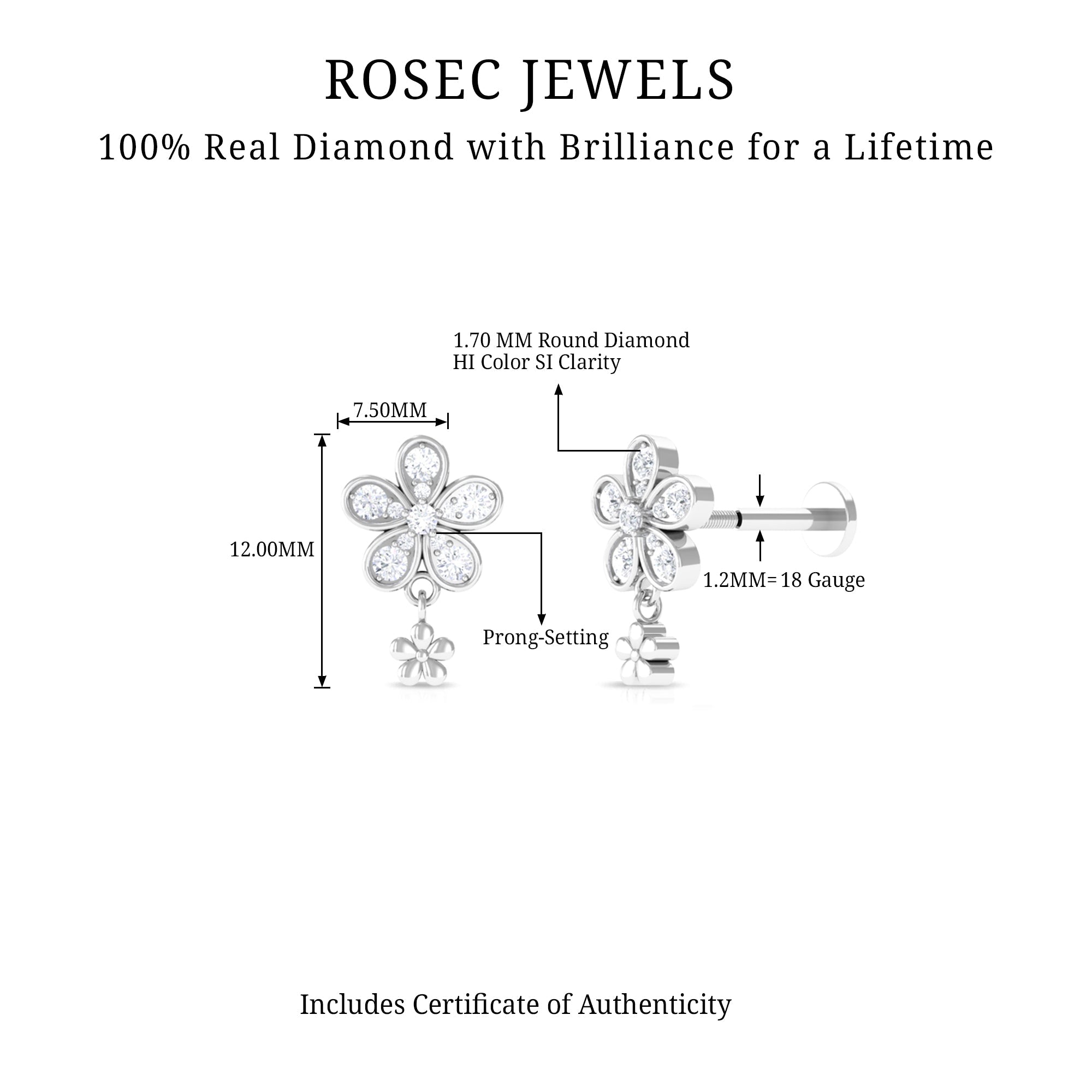 Certified Diamond Flower Helix Drop Earring