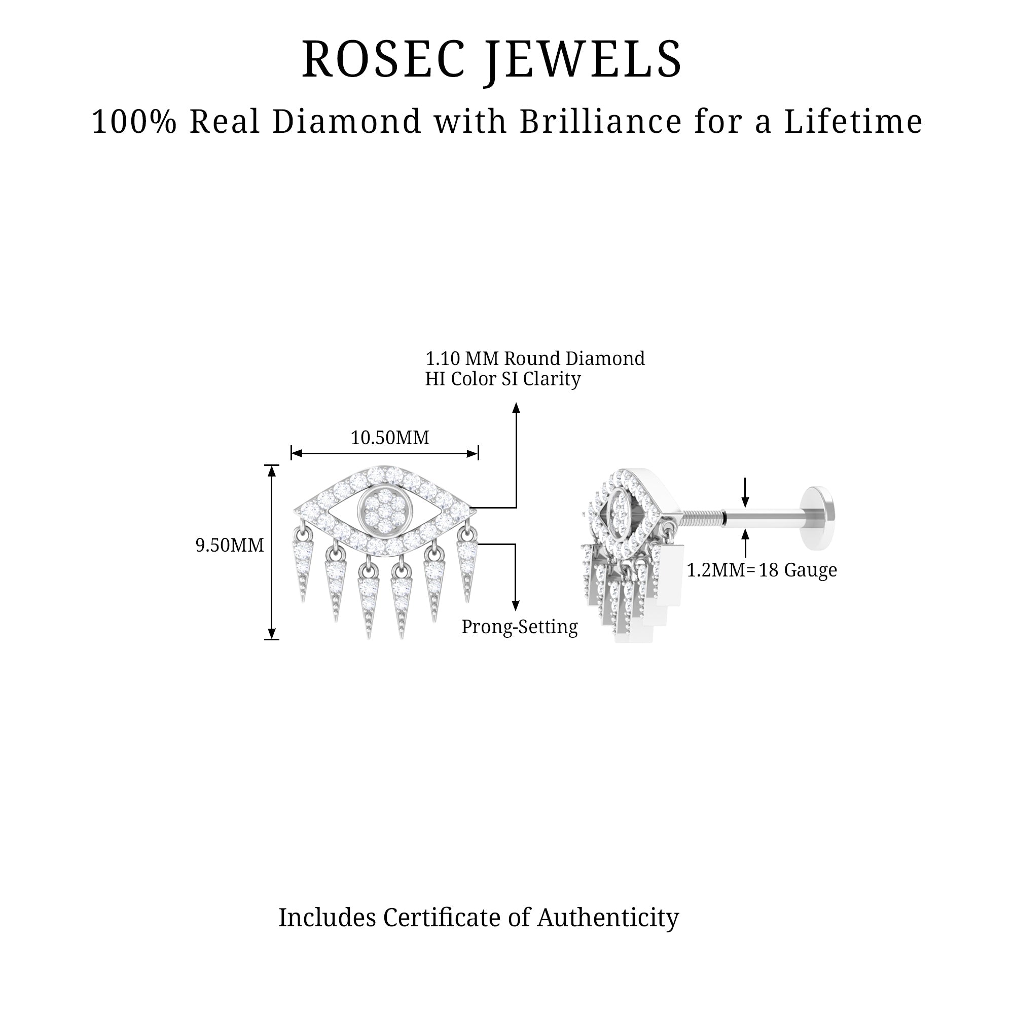 Diamond Evil Eye Earring for Upper Lobe Piercing