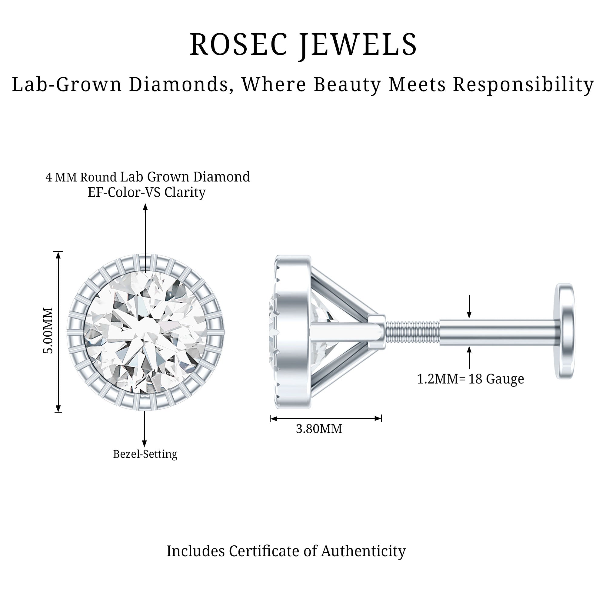Bezel Set Diamond Solitaire Stud Earring for Helix Piercing