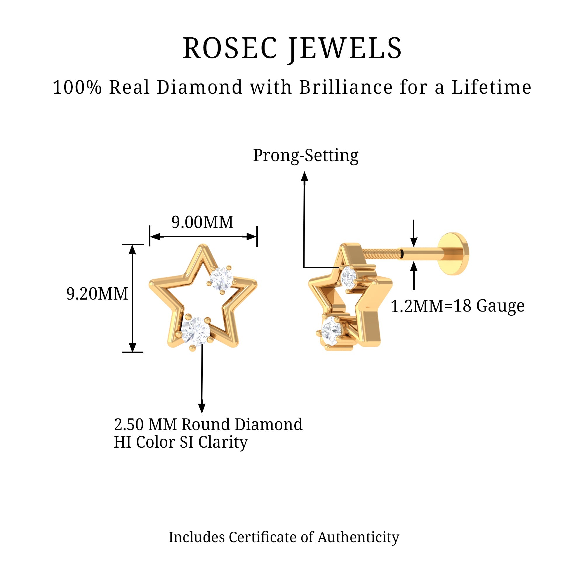 Certified Diamond Star Earring for Upper Lobe Piercing